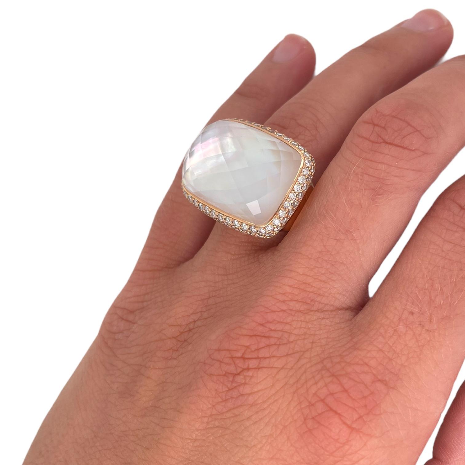 Women's Large Mother of Pearl & Quartz Cocktail Ring in 18k Yellow Gold