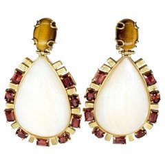 Large Mother of Pearl, Tiger Eye and Garnet Dangling Drop Clip Earrings 18k Gold