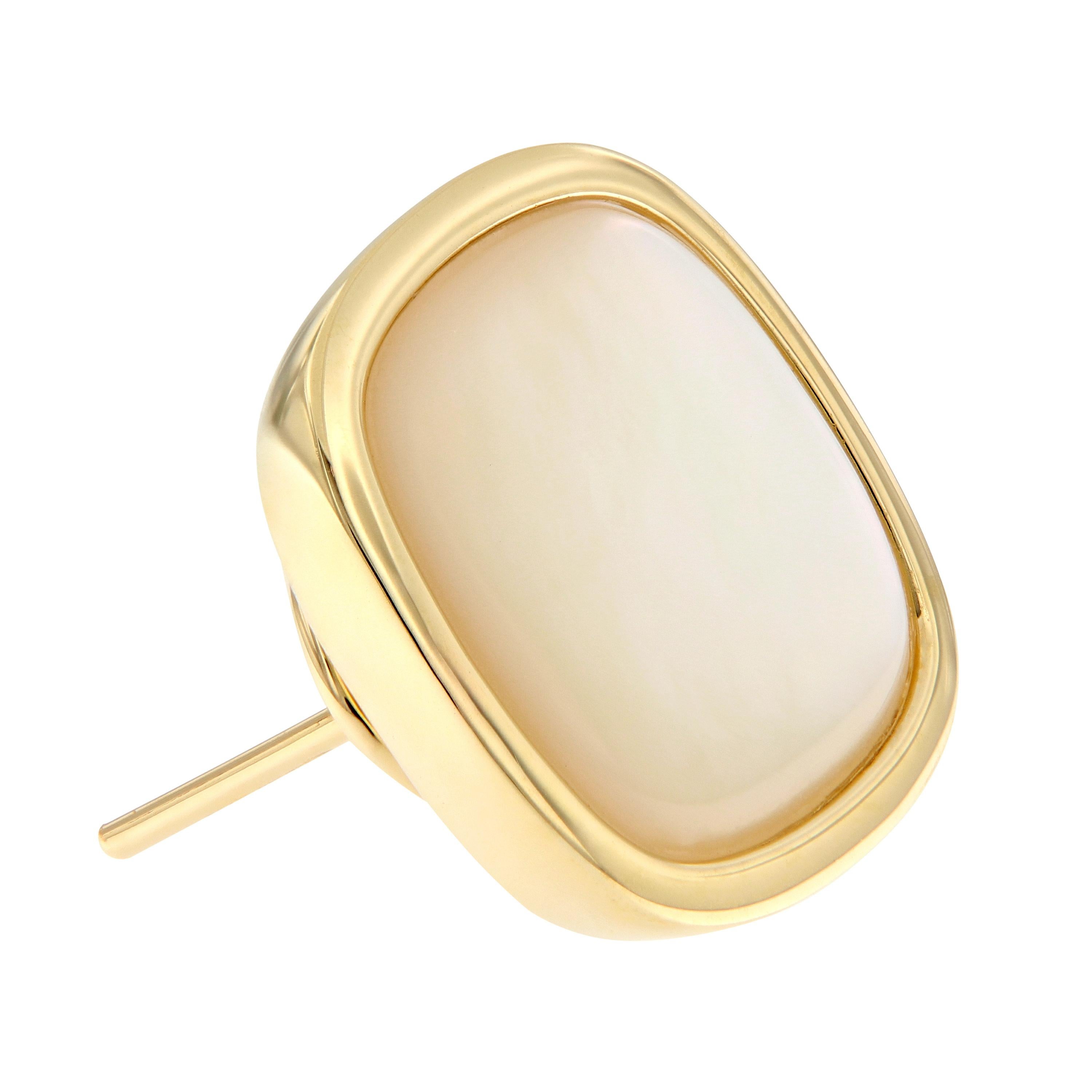 Large mother-of-pearl button style earrings make a statement but are a forever a classic look perfect for every day. Mother of pearl is bezel set in 14k yellow gold. Weigh 12.4. Earrings are approximately 0.75 inches by 0.75 inches.