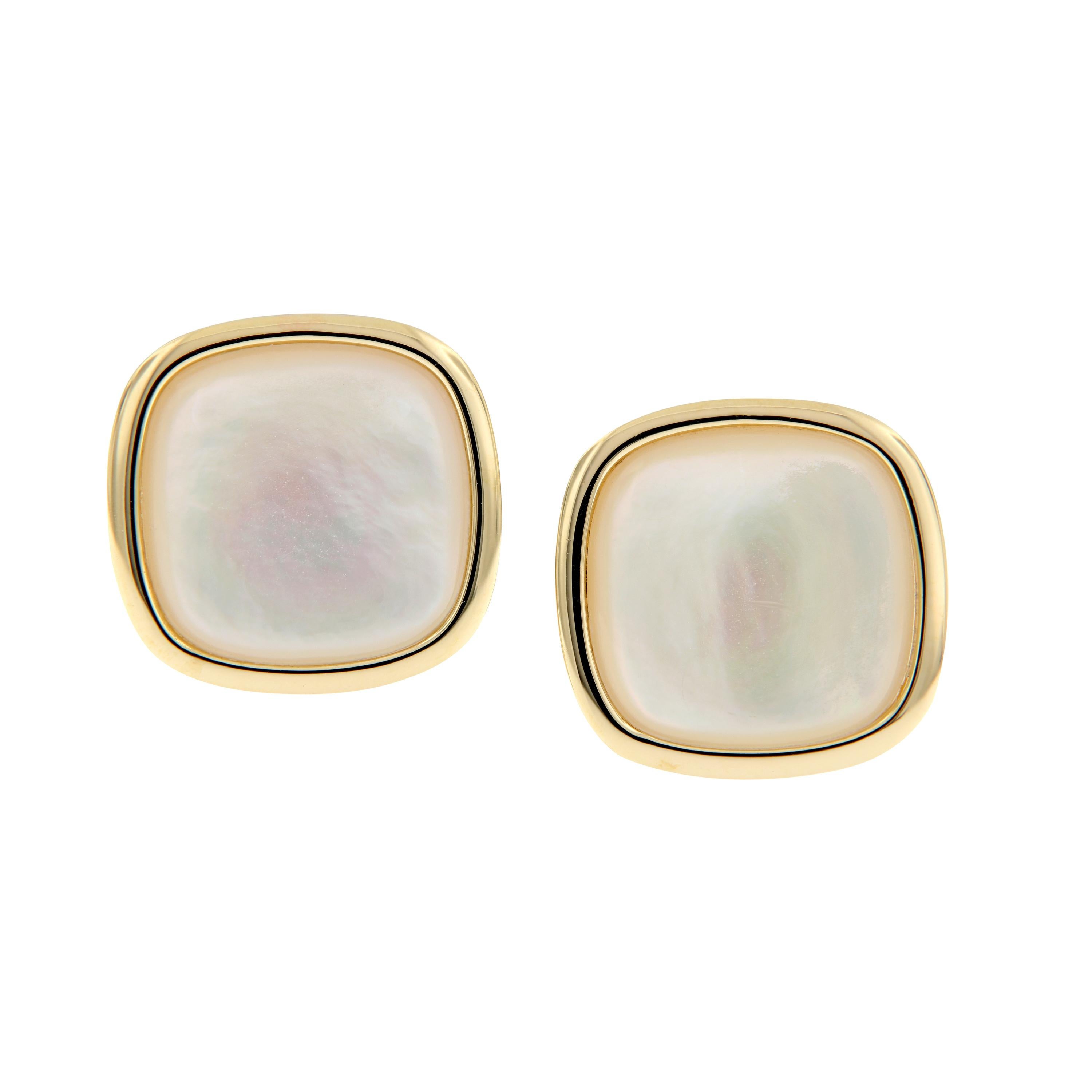 Large Mother of Pearl Yellow Gold Button Stud Earring