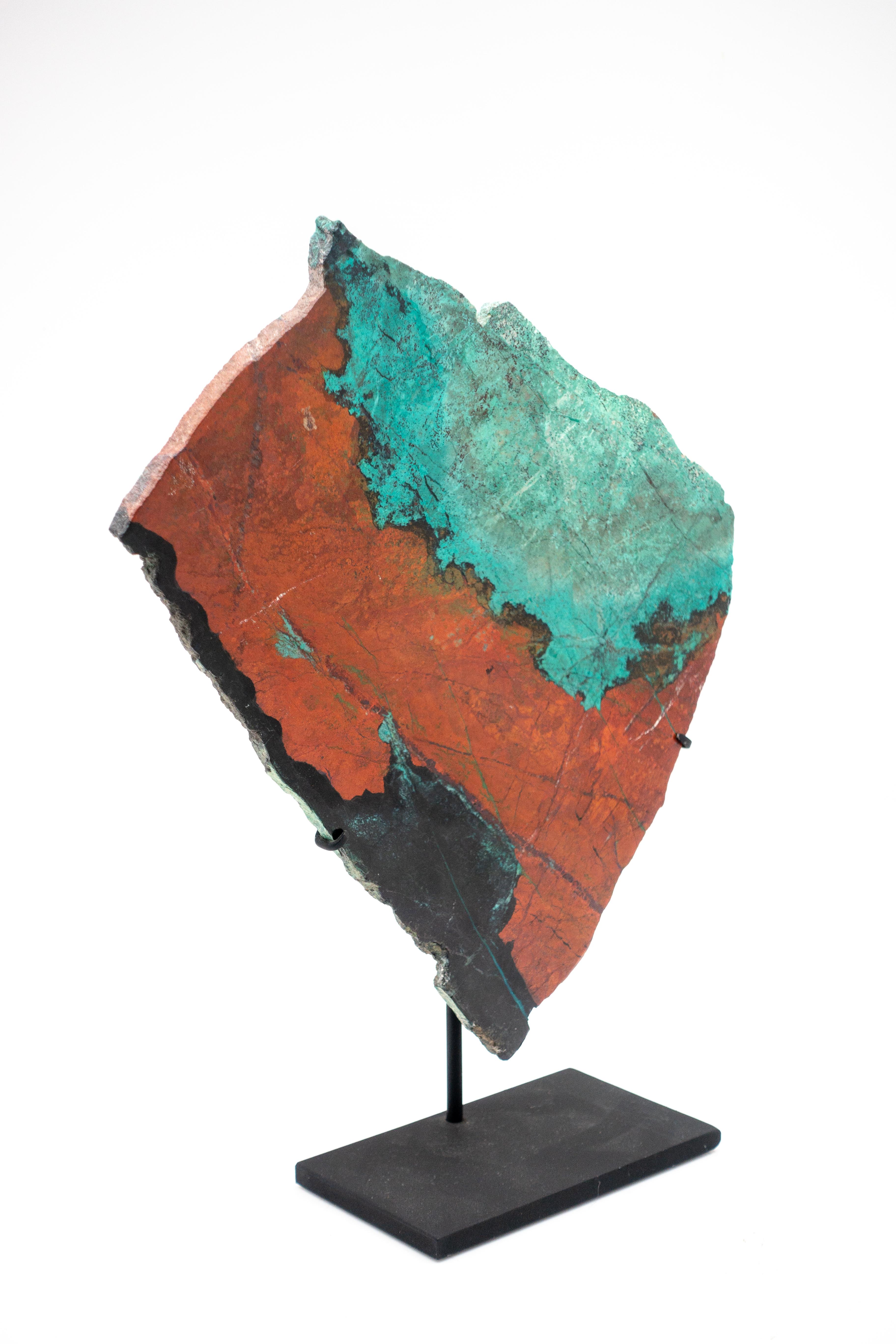 Large mounted green and red cuprite chrysocolla specimen AKA Sonora sunset or Sonora sunrise. It is named for the colorful sunsets over the Sonoran Desert, where these specimens were mined.