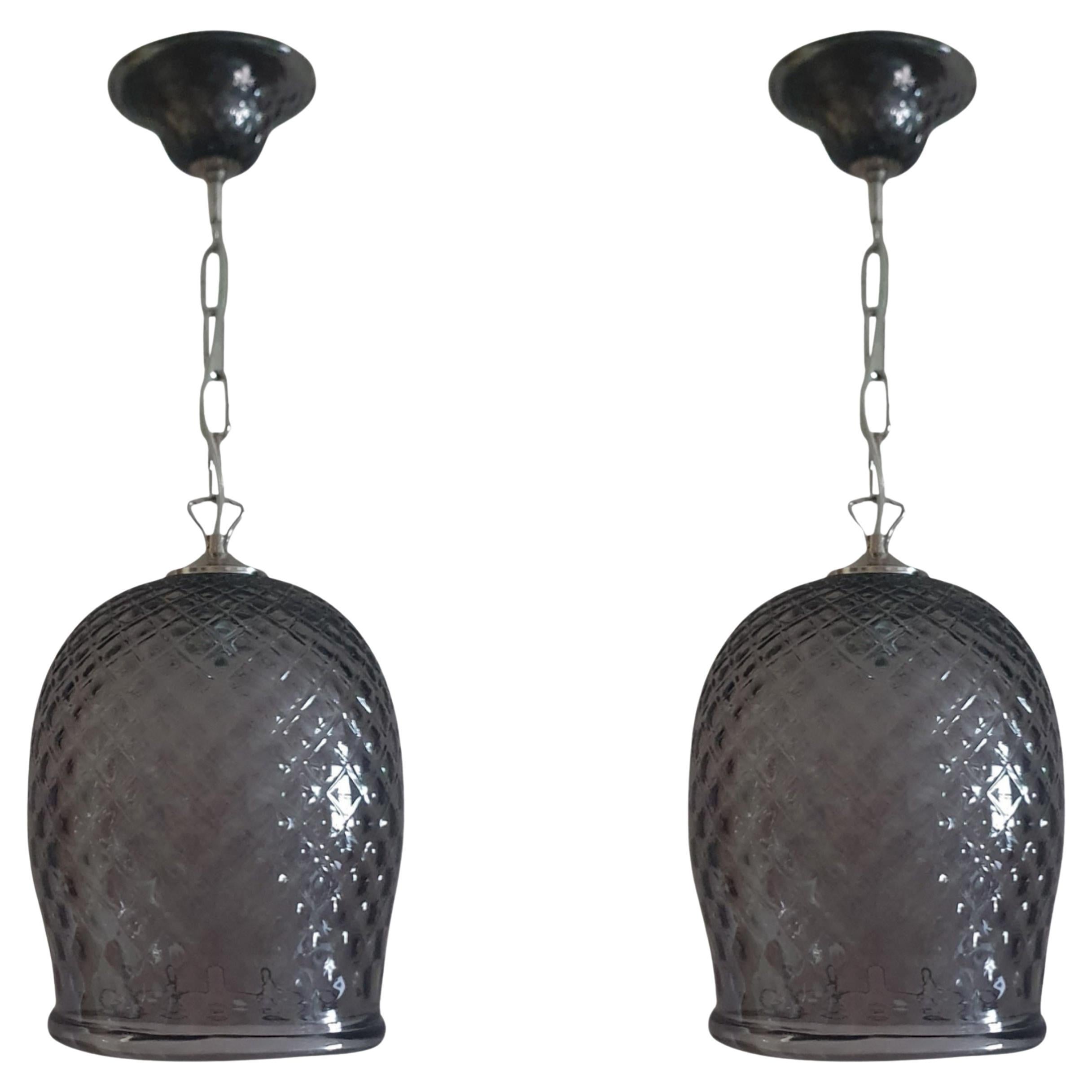 Large mouth blown Murano Glass Balloon Lantern in Steel Grey and Polished Nickel For Sale