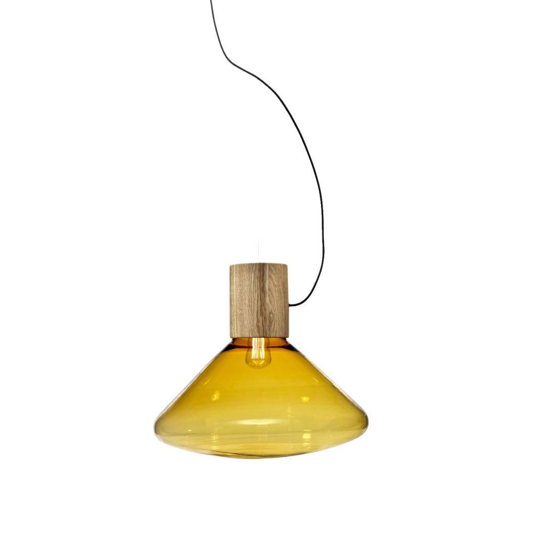 Large 'Muffins 03B' Handblown Clear Glass & Oak Wood Pendant in Black for Brokis For Sale 2
