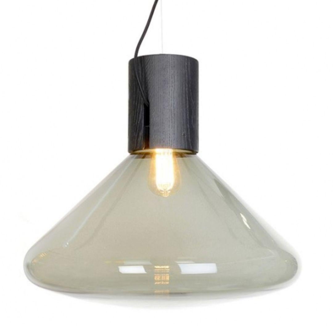 Blown Glass Large 'Muffins 03B' Handblown Clear Glass & Oak Wood Pendant in Black for Brokis For Sale