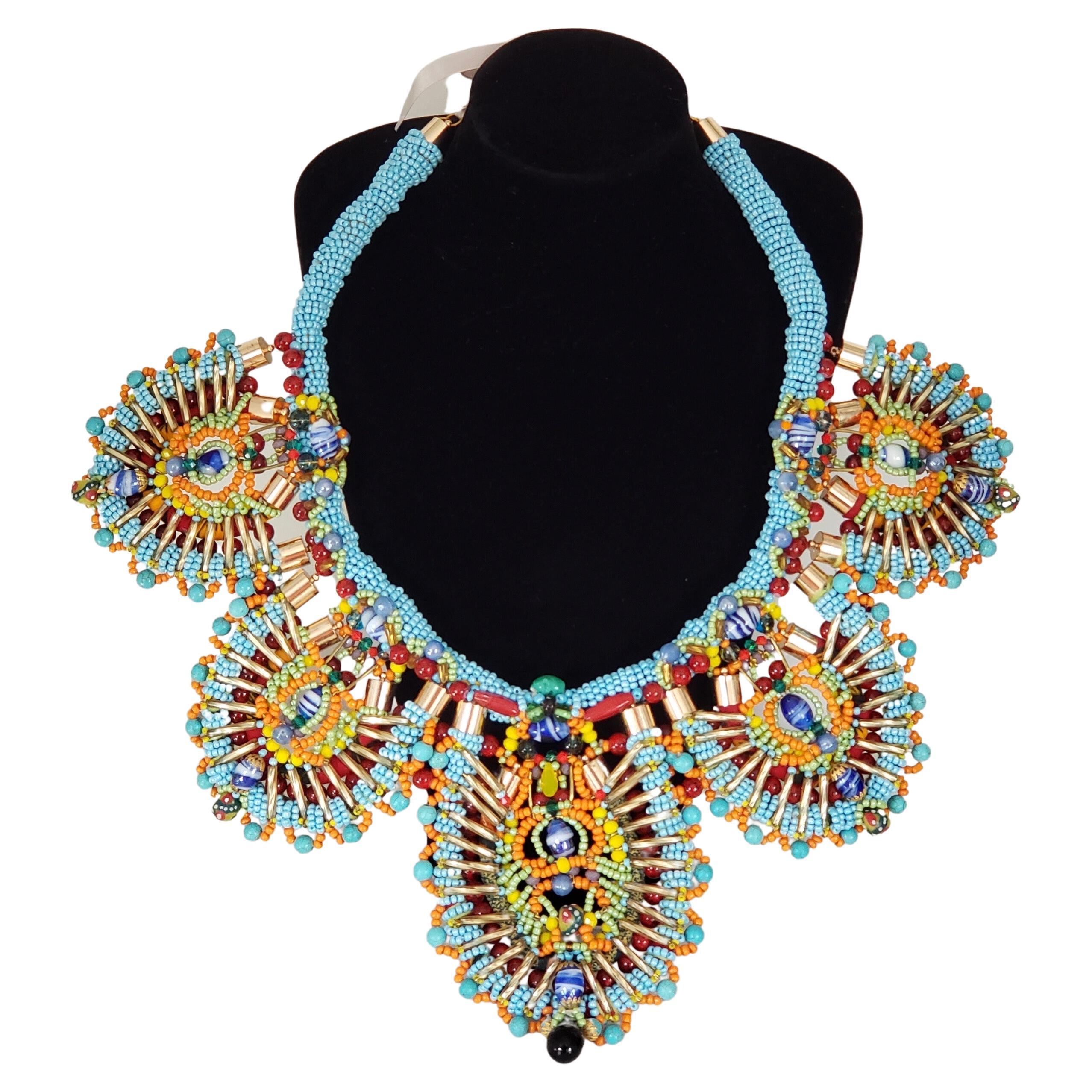 Large Multi-Beaded Embellished Turquoise Pendant Bib Collar Necklace For Sale