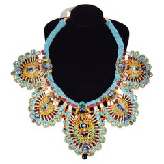 Large Multi-Beaded Embellished Turquoise Pendant Bib Collar Necklace