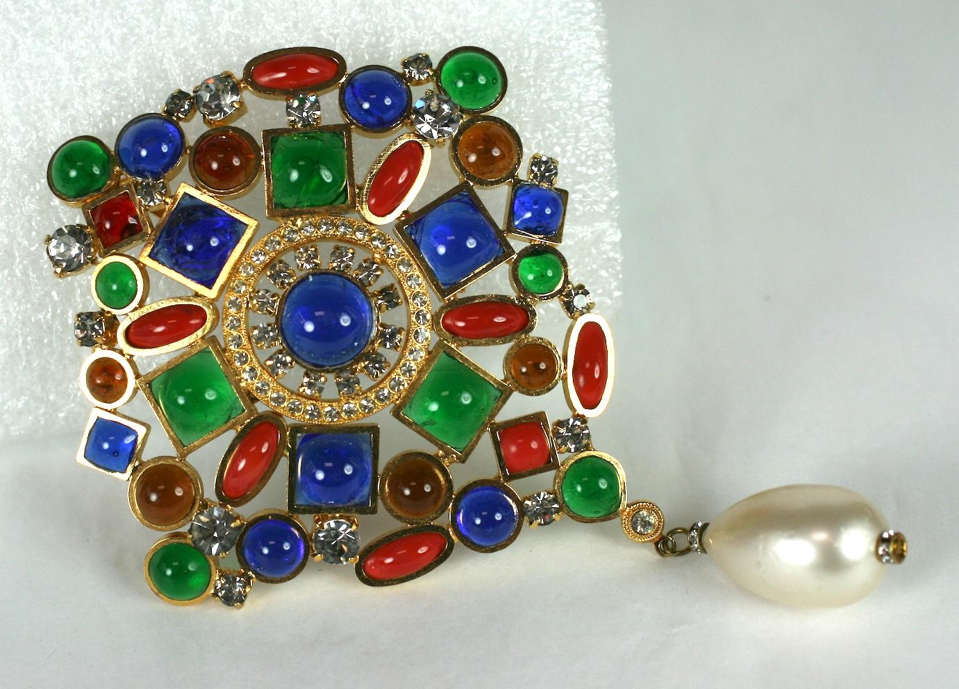 Massive Multi Colored  Byzantine Crest  pendant brooch made by  Maison Gripoix, France. Poured glass with rhinestone encrustations forming a large crest brooch with a hand made pearl pendant. 1980's France. 
Can also be worn as pendant. 5.5