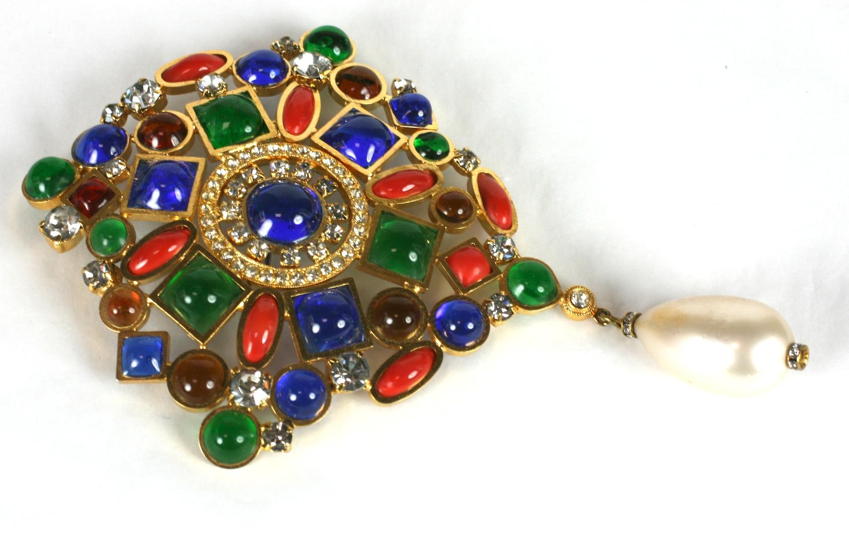 Byzantine  Maison Gripoix  for Chanel Large Multi Colored  Crest Brooch, France  For Sale