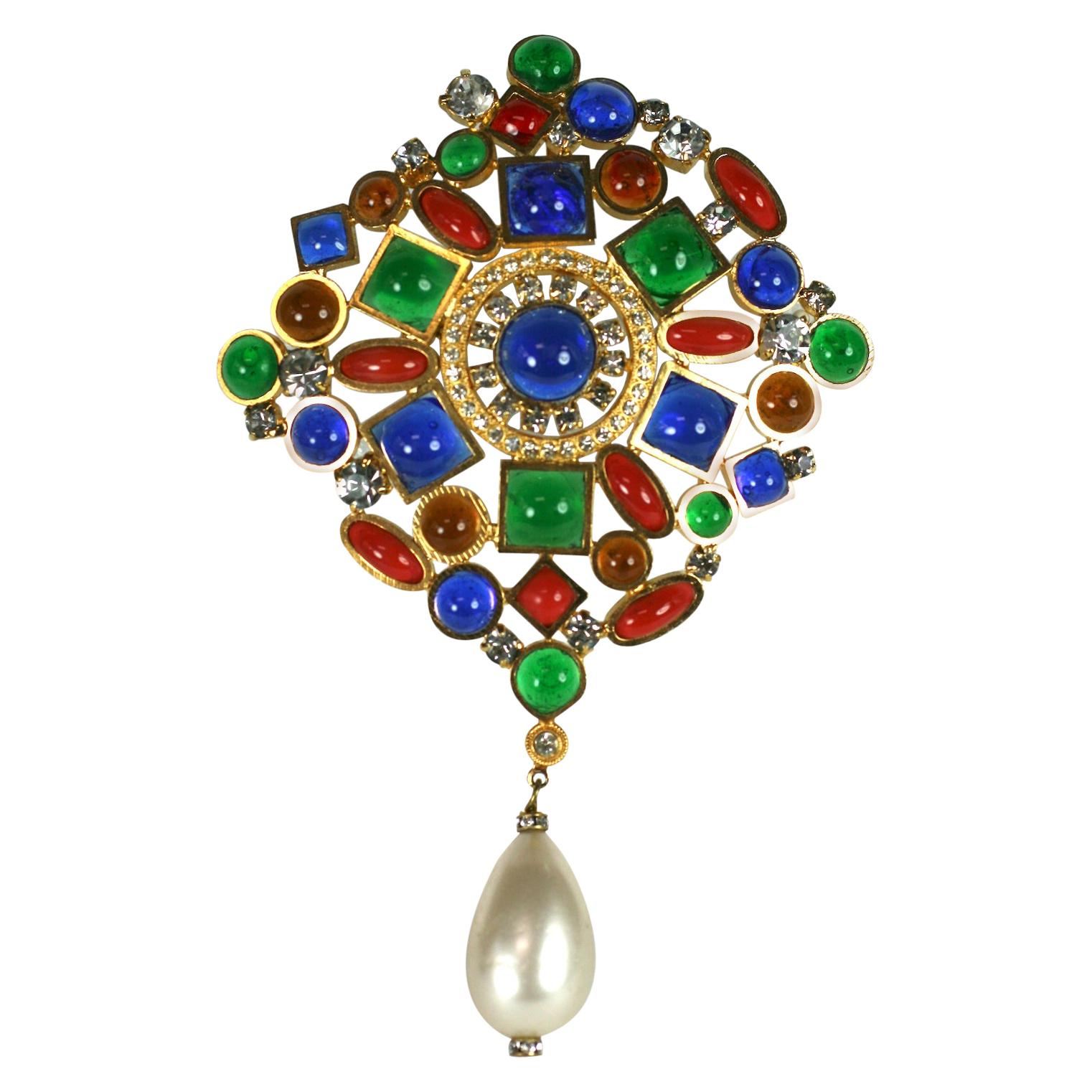  Maison Gripoix  for Chanel Large Multi Colored  Crest Brooch, France  For Sale