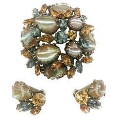 Large multi coloured 'sapphirite' brooch and earrings, Regency, USA, 1950s