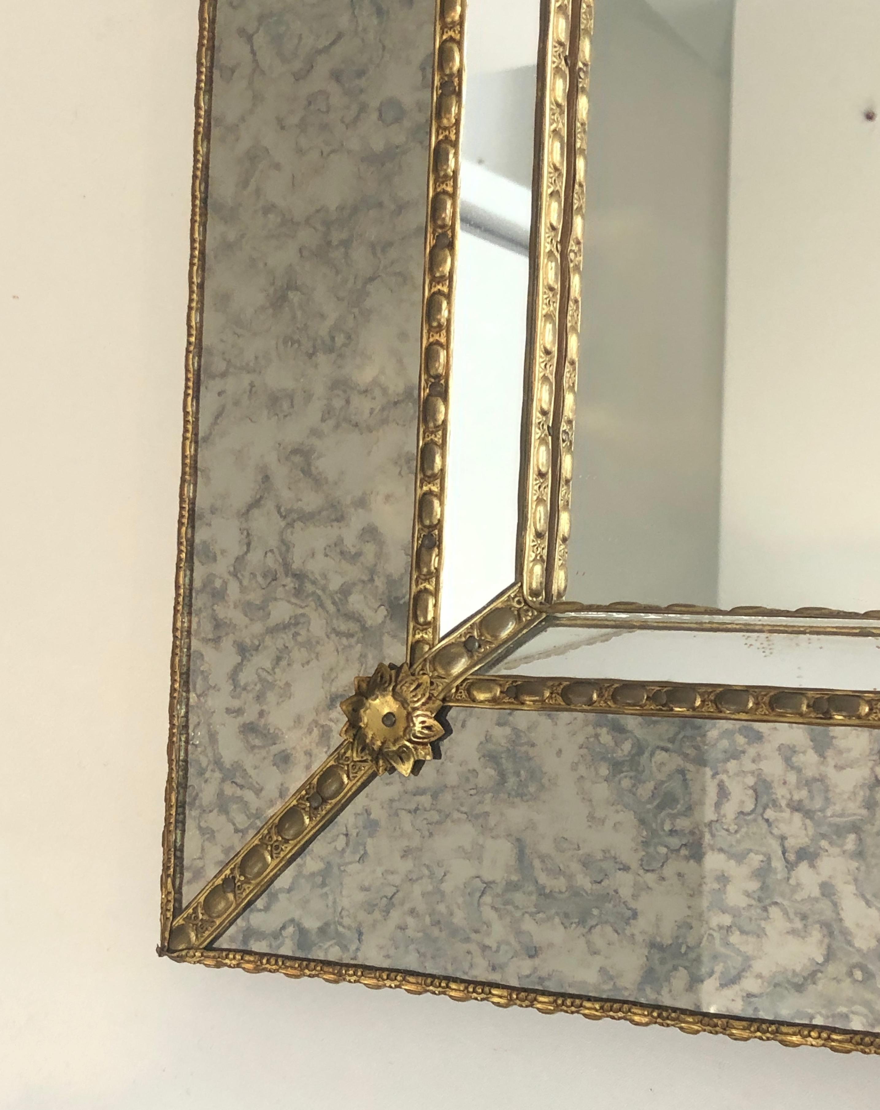 French Large Multi-Facets Mirror with Brass Garlands