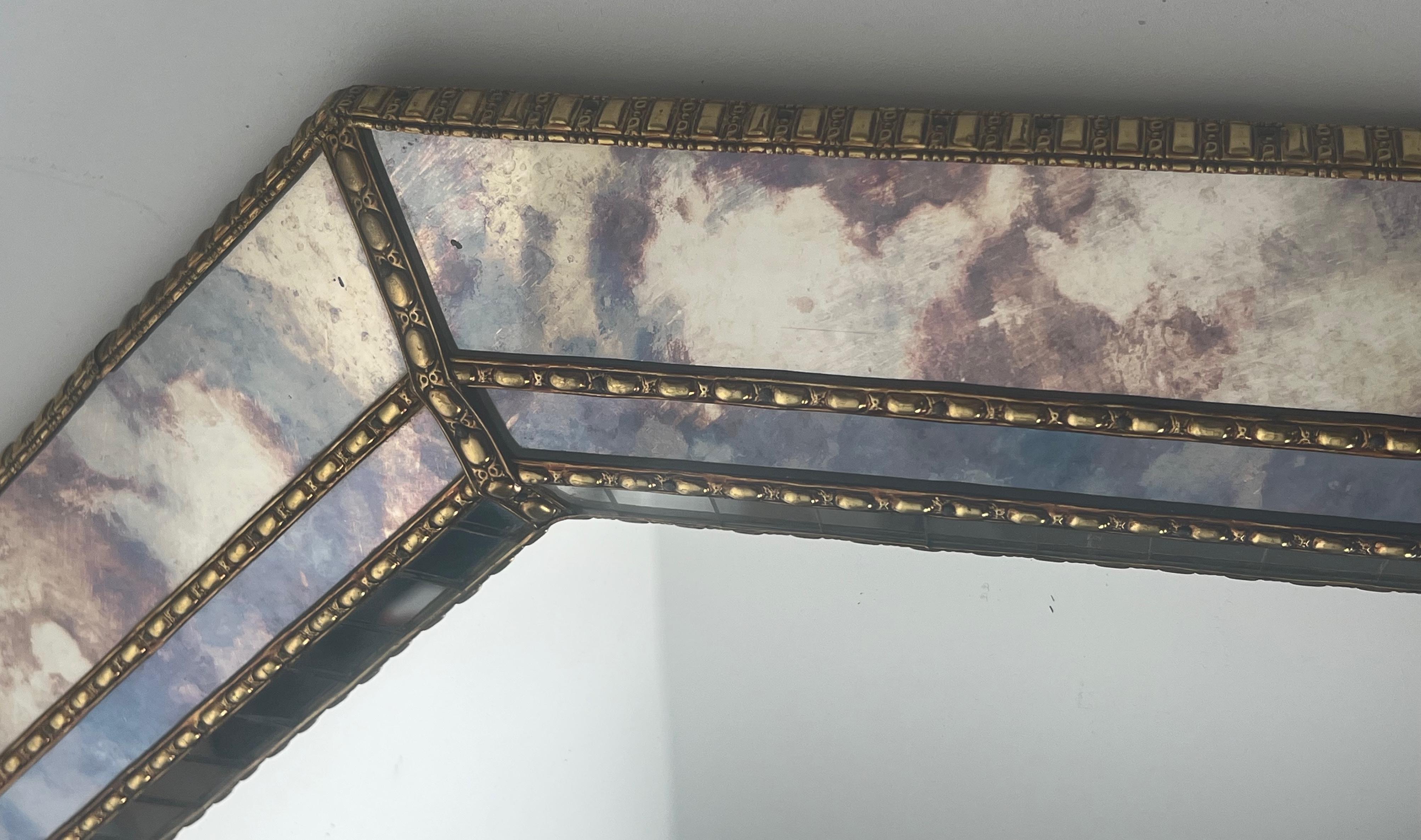 Late 20th Century Large Multi-Facets Mirror with Brass Garlands. French Work. Circa 1970 For Sale