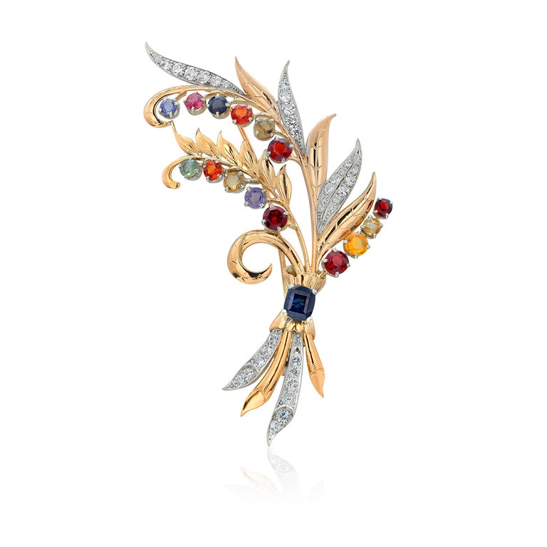 Round Cut Large Multi Gemstone Floral Gold Spray Brooch For Sale