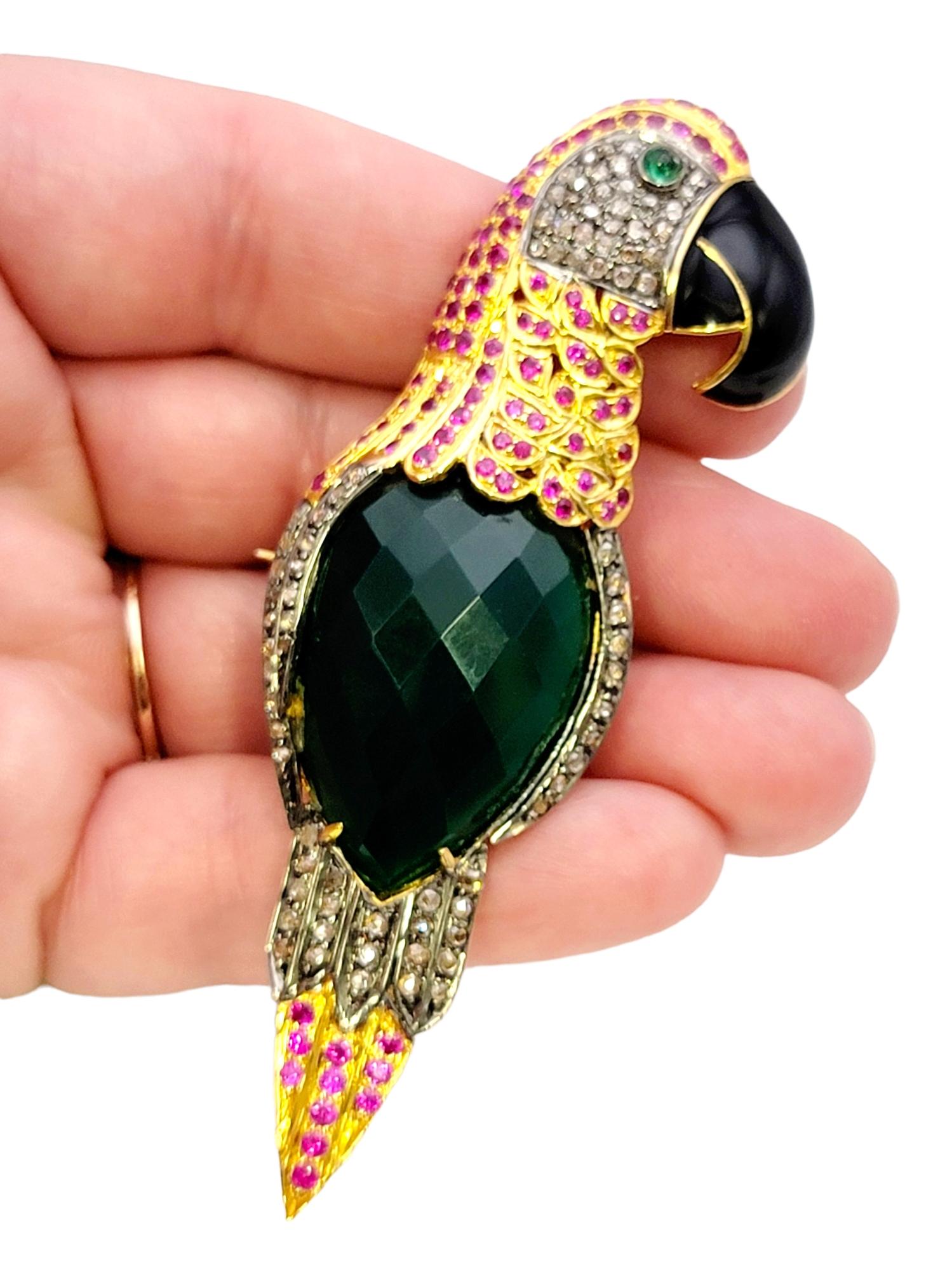 Large Multi-Gemstone Green and Pink Bird Brooch / Pendant in 14 Karat Gold 6