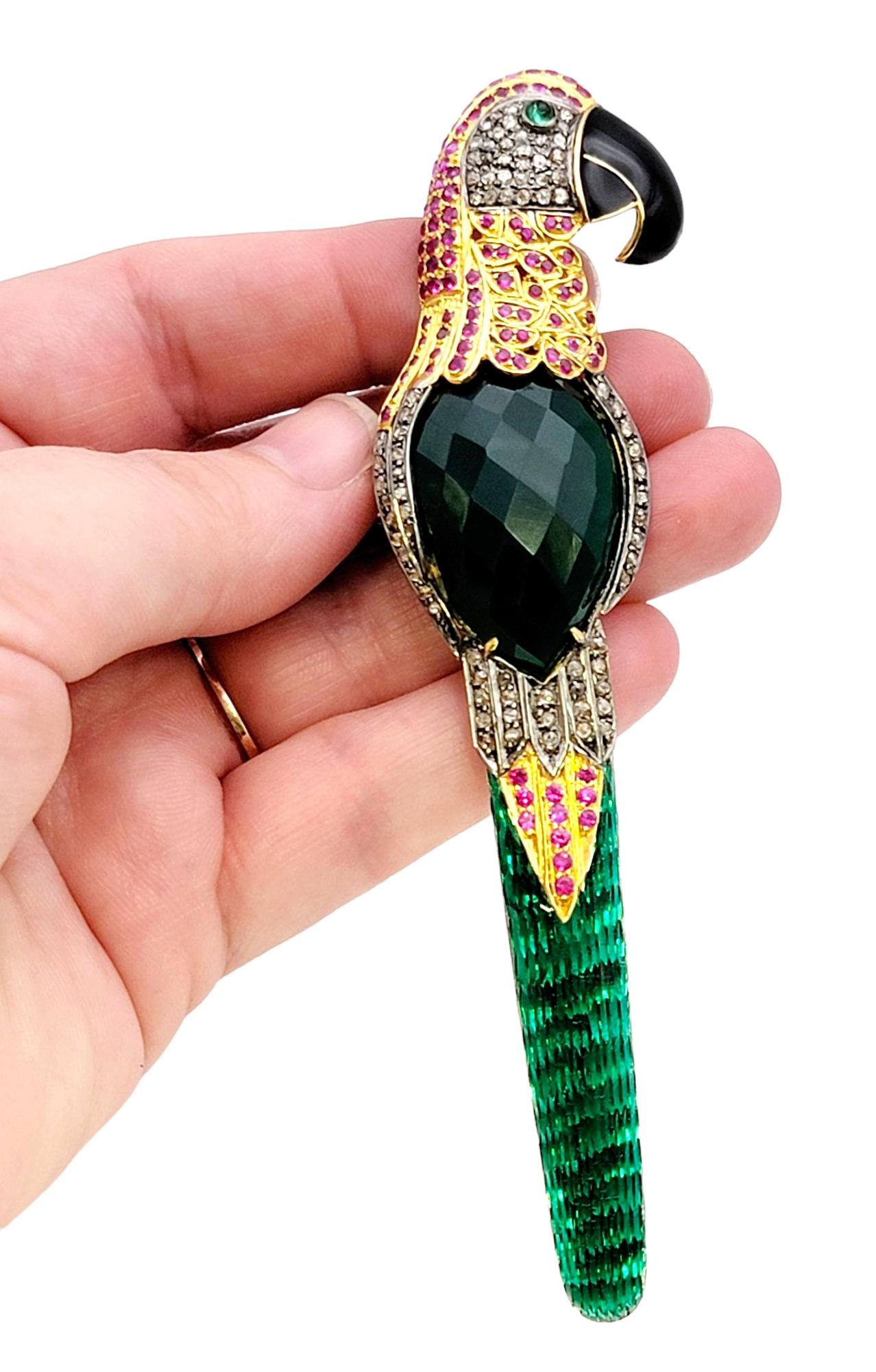 Large Multi-Gemstone Green and Pink Bird Brooch / Pendant in 14 Karat Gold 7