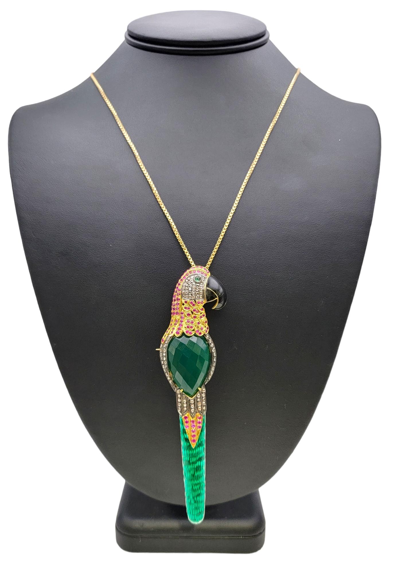 Large Multi-Gemstone Green and Pink Bird Brooch / Pendant in 14 Karat Gold 8