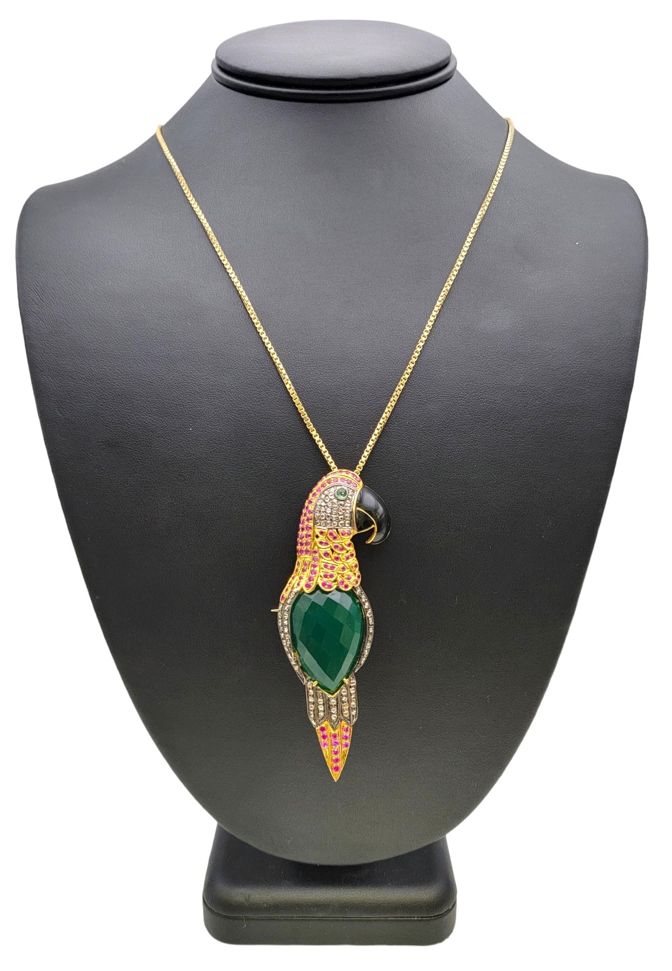 Large Multi-Gemstone Green and Pink Bird Brooch / Pendant in 14 Karat Gold 9