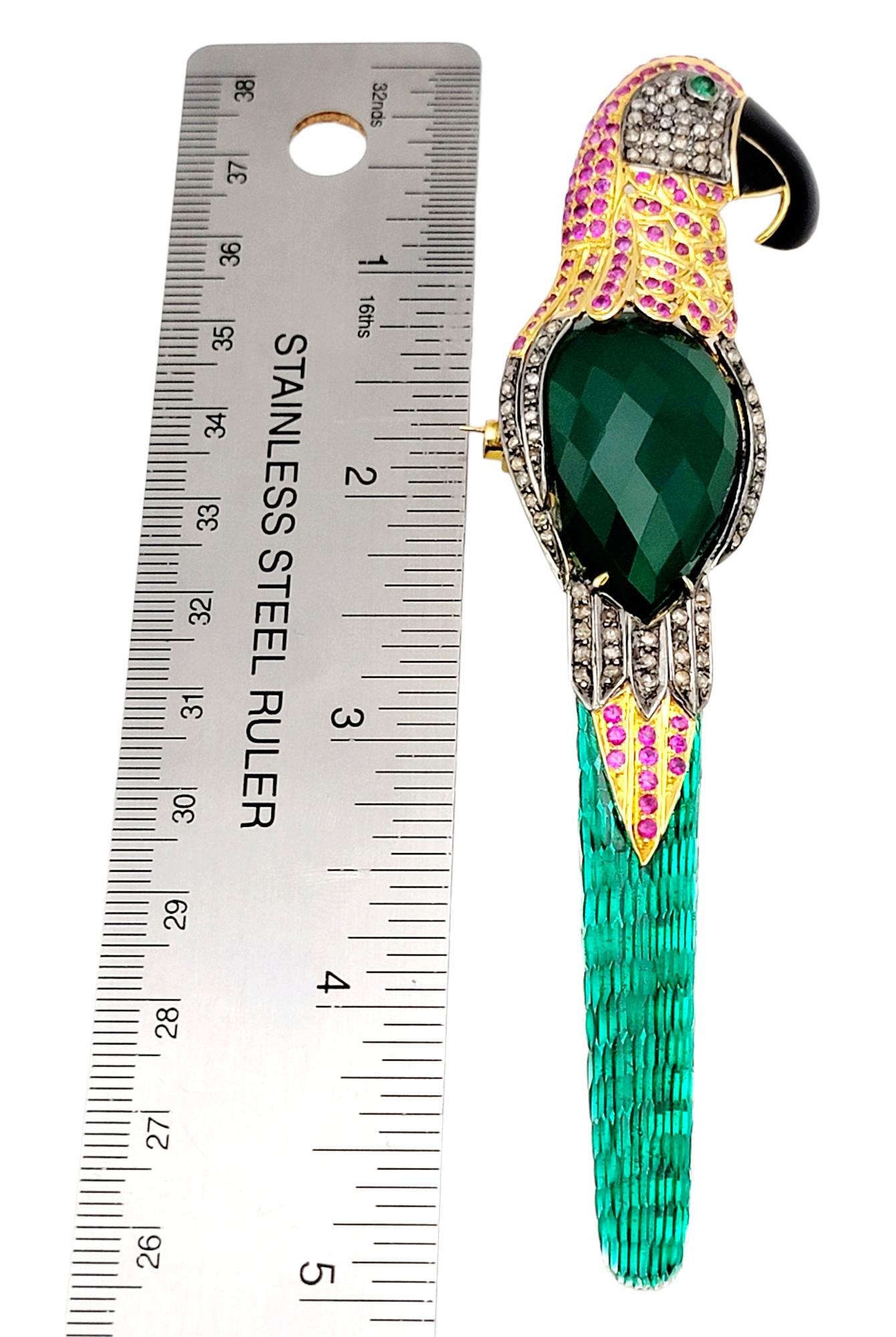 Large Multi-Gemstone Green and Pink Bird Brooch / Pendant in 14 Karat Gold 10