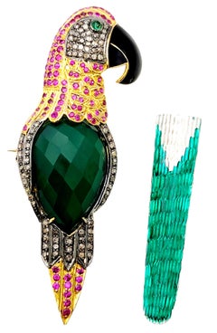Large Multi-Gemstone Green and Pink Bird Brooch / Pendant in 14 Karat Gold