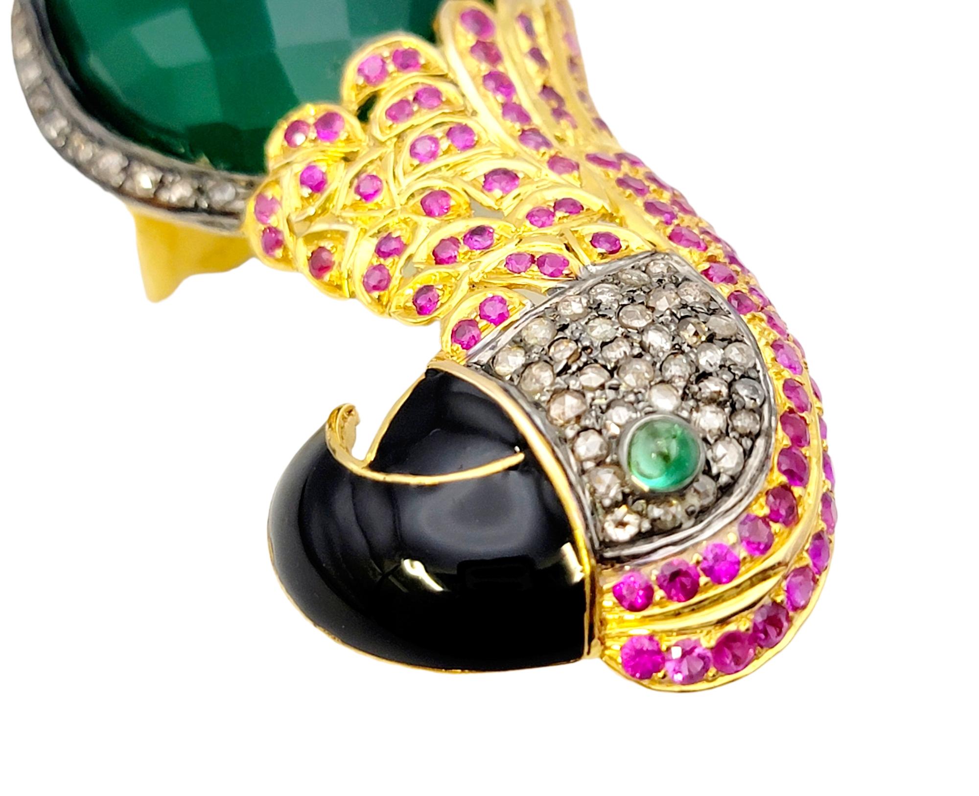 Contemporary Large Multi-Gemstone Green and Pink Bird Brooch / Pendant in 14 Karat Gold