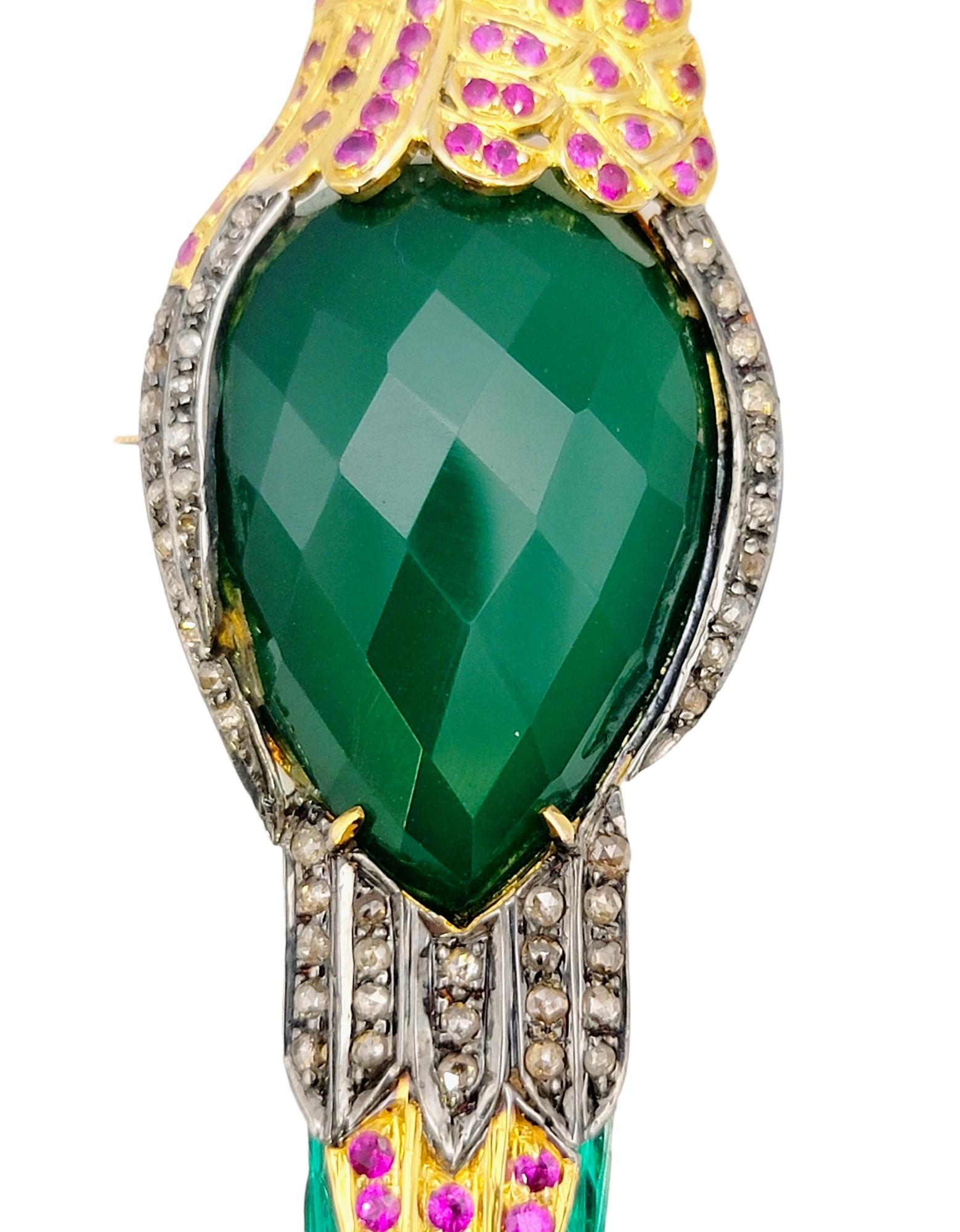 Round Cut Large Multi-Gemstone Green and Pink Bird Brooch / Pendant in 14 Karat Gold