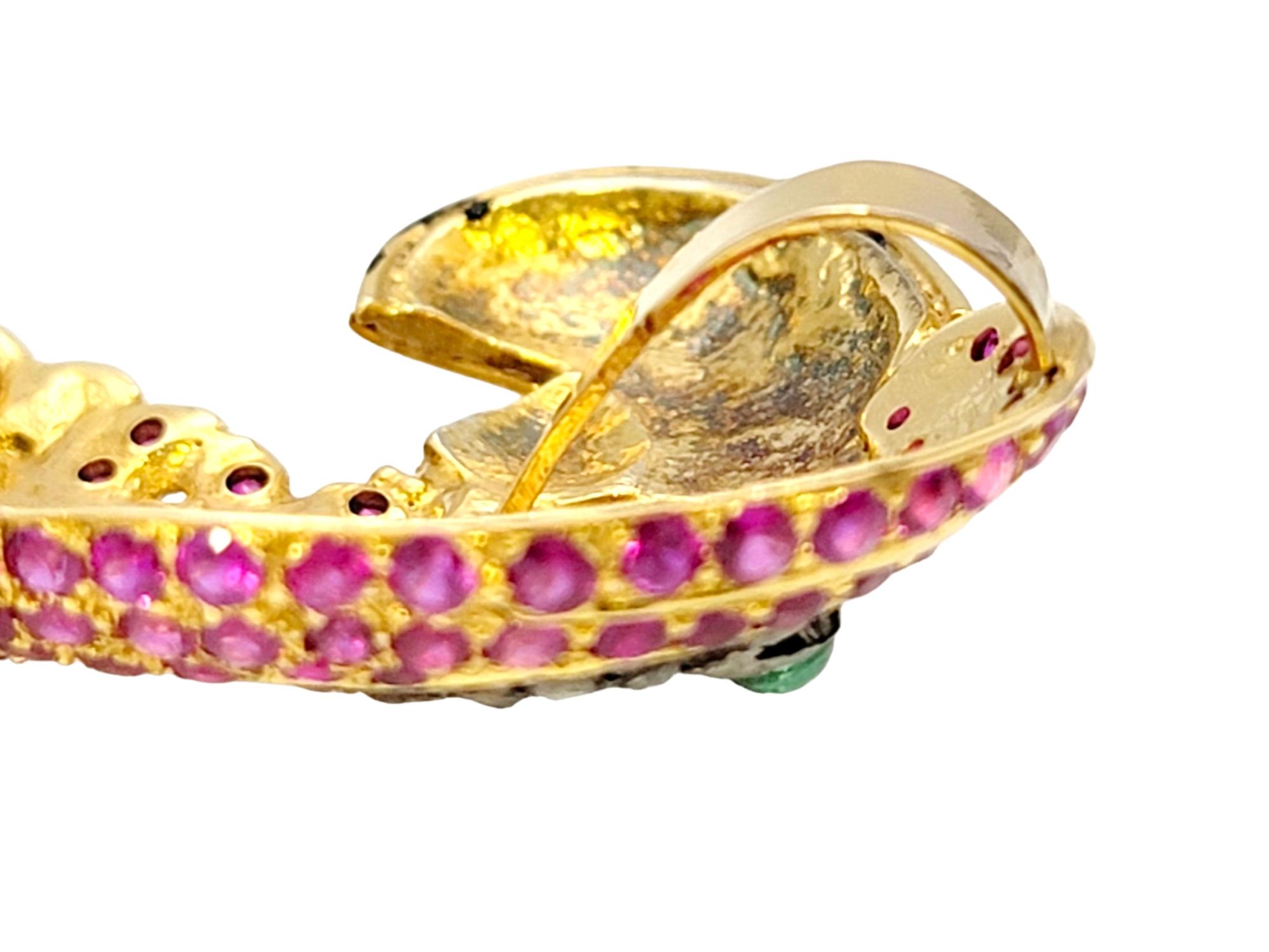 Women's or Men's Large Multi-Gemstone Green and Pink Bird Brooch / Pendant in 14 Karat Gold