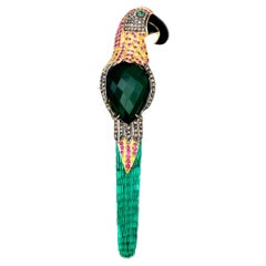 Large Multi-Gemstone Green and Pink Bird Brooch / Pendant in 14 Karat Gold