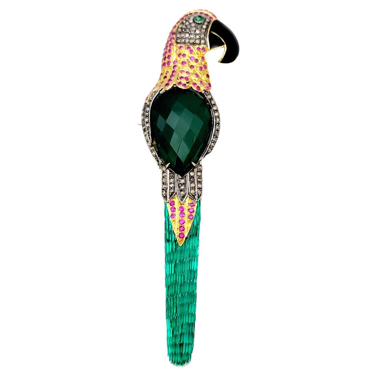 Grande Broche (pin's) Oiseau Avec Pierres Et émaux, Bijou Vintage En Métal Doré - Occasion