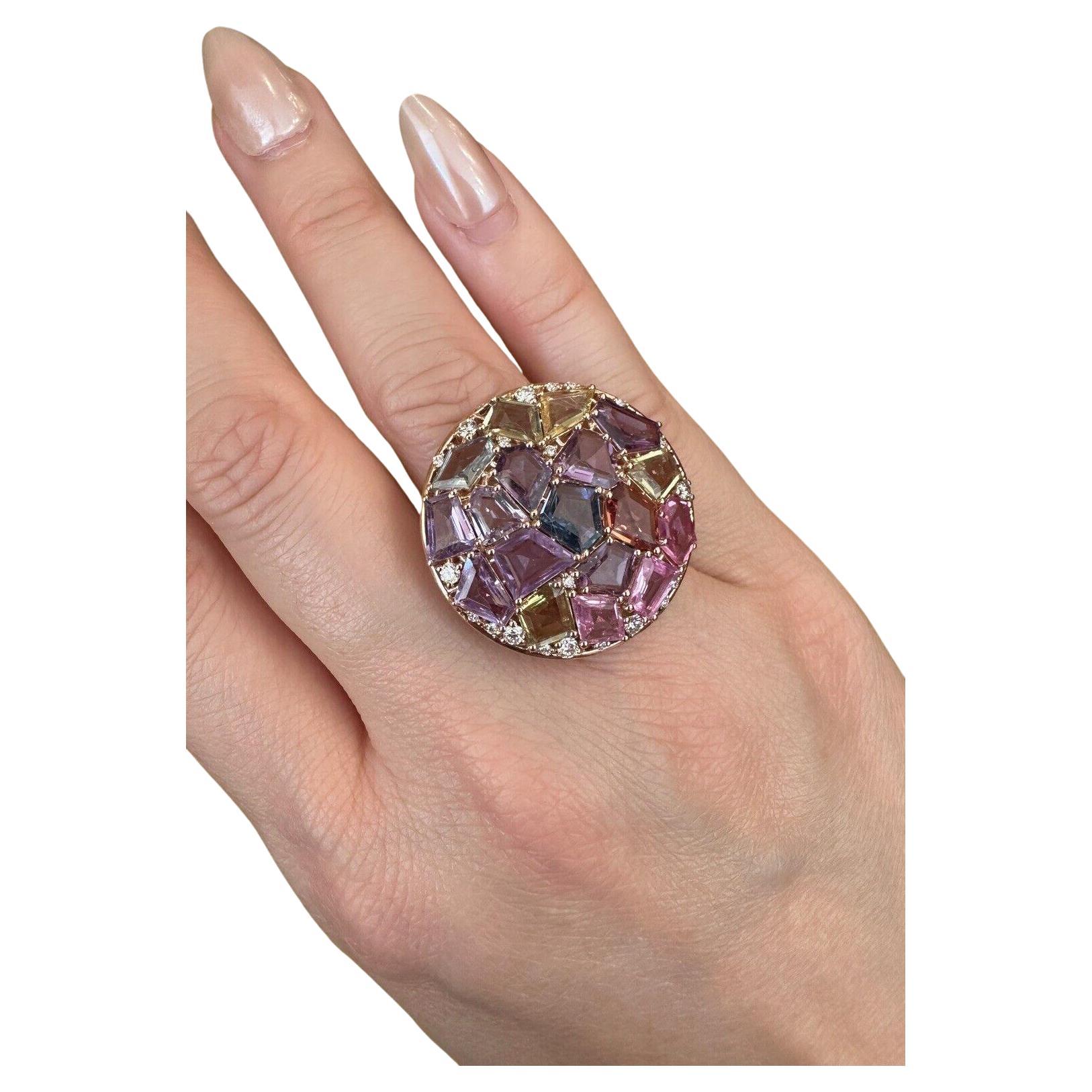 Large Multicolor Sapphire and Diamond Statement Ring in 18k Rose Gold 

Sapphire and Diamond Cocktail Ring features Natural Multicolored Sapphires with Fancy-shapes and Pastel hues set in a round, slightly domed setting with rows of Round Diamonds