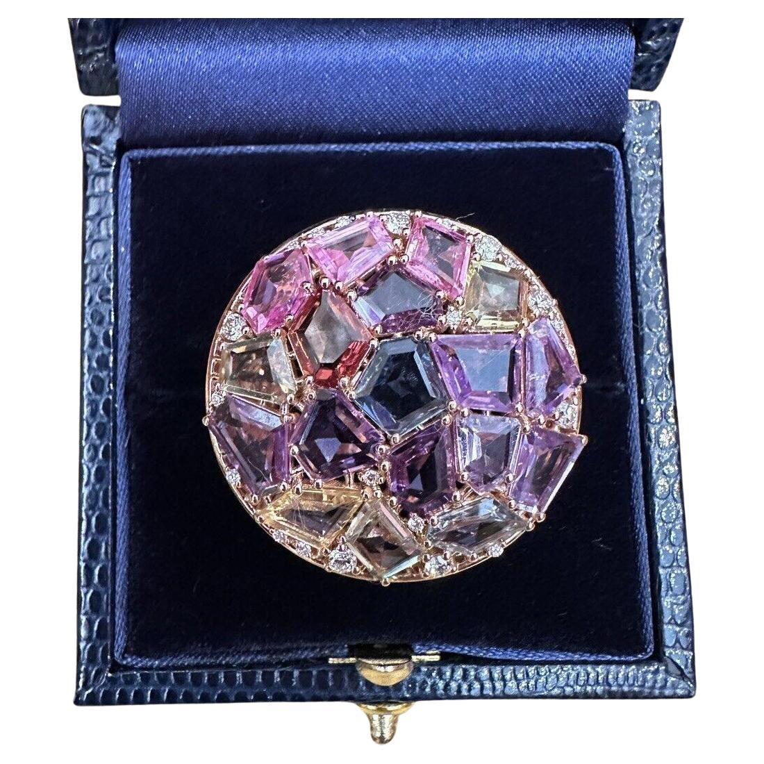 Large Multicolor Sapphire and Diamond Statement Ring in 18k Rose Gold For Sale
