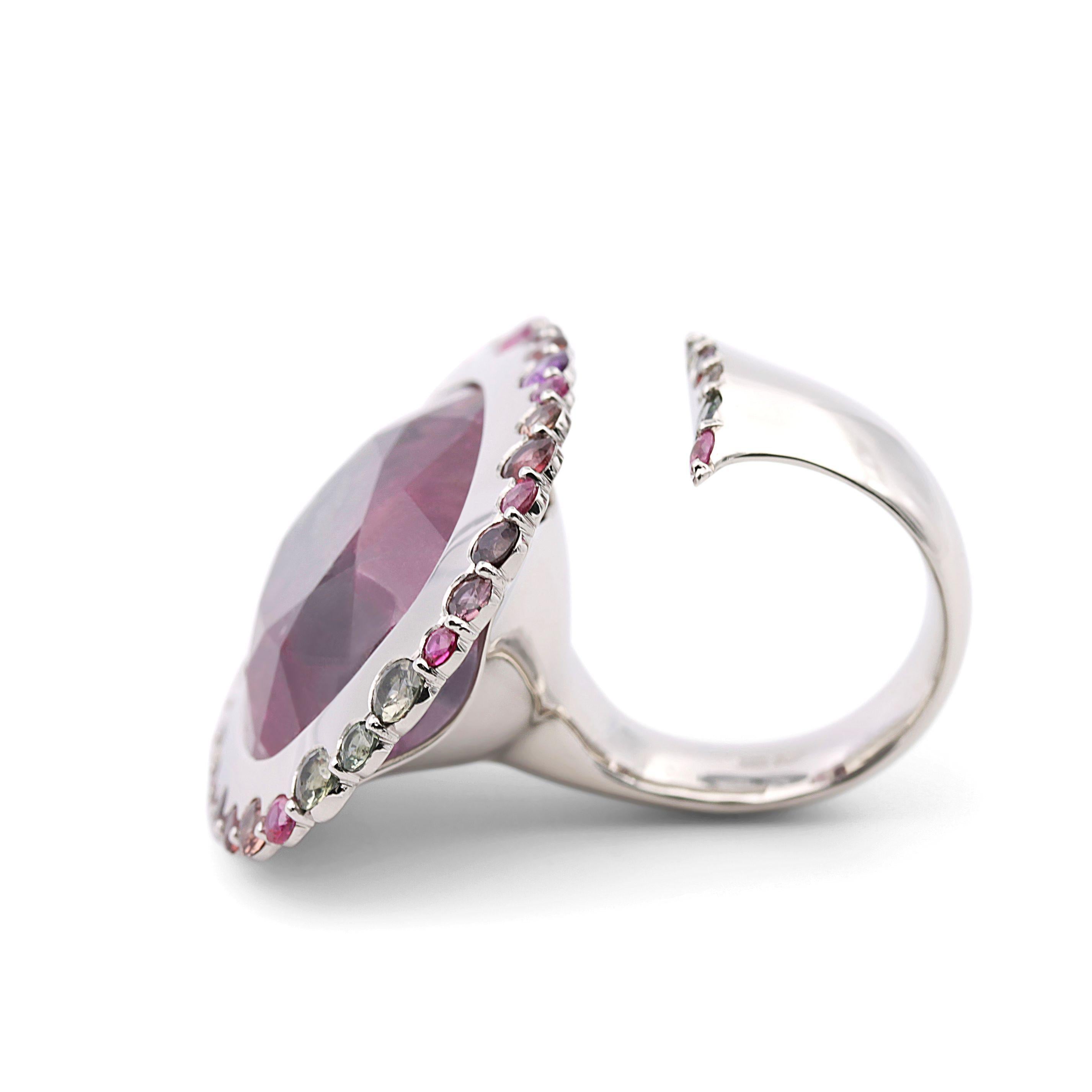 Large Multicolor Tourmaline and Sapphire Platinum Cocktail Ring For Sale 4