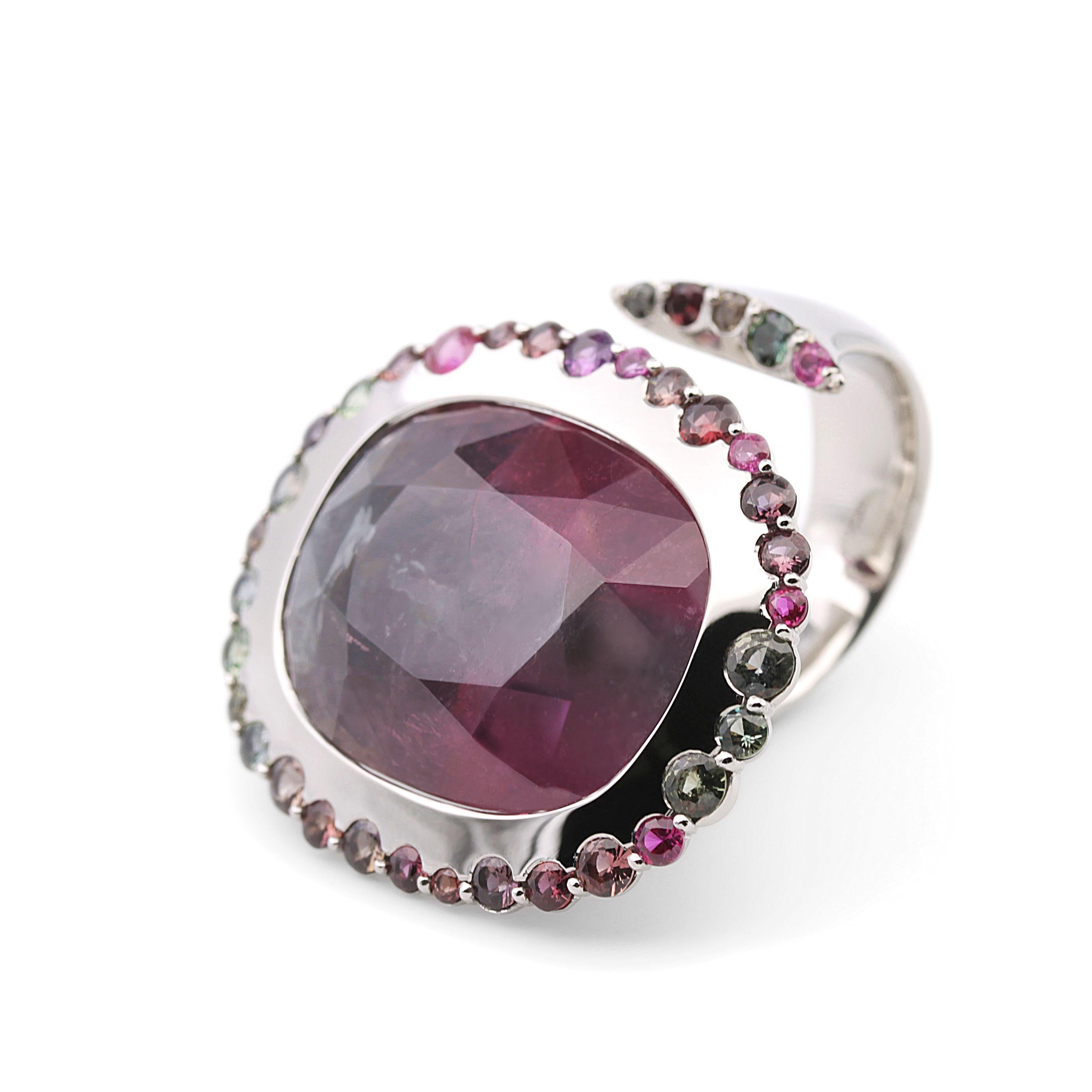 Large Multicolor Tourmaline and Sapphire Platinum Cocktail Ring For Sale 5