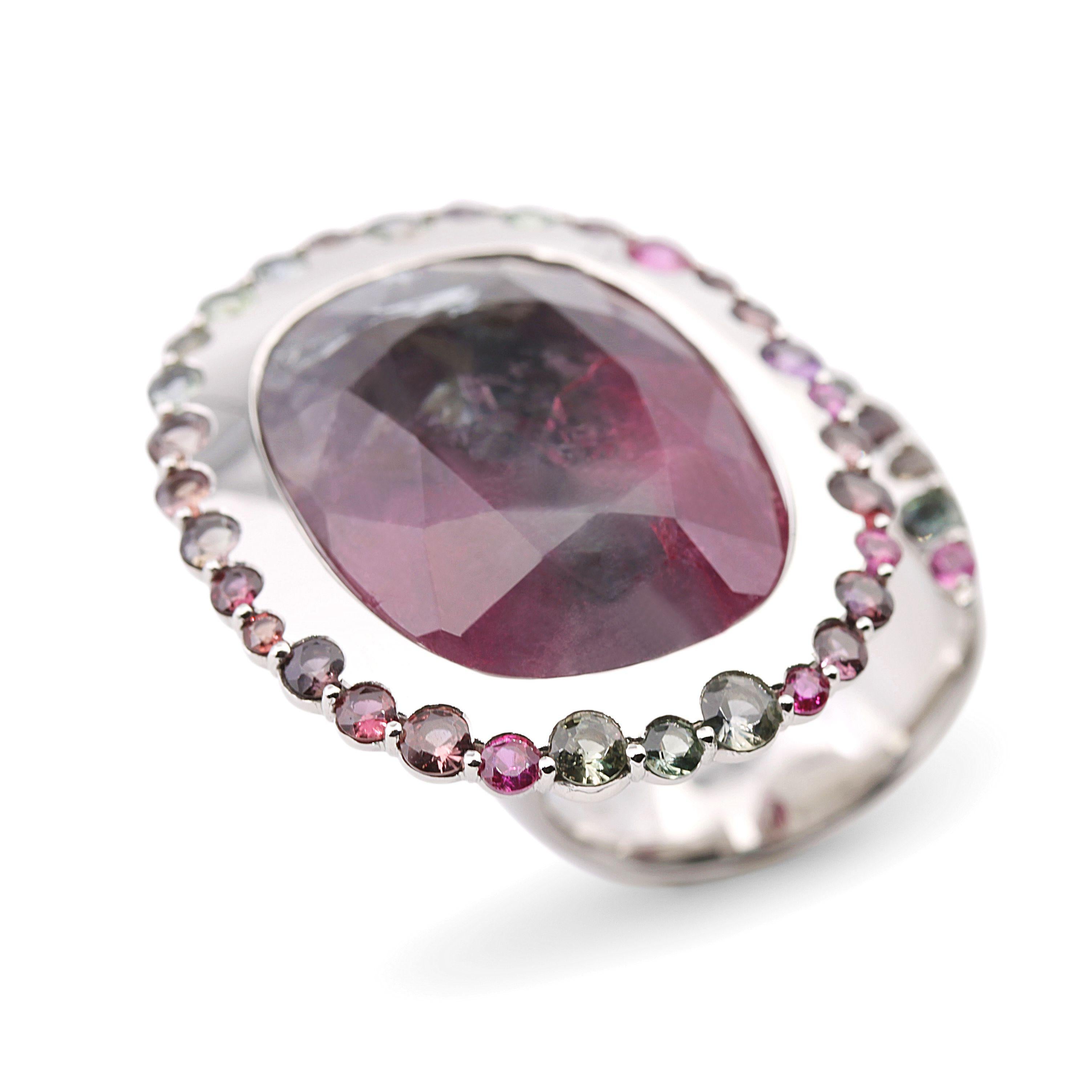 Large Multicolor Tourmaline and Sapphire Platinum Cocktail Ring For Sale 6