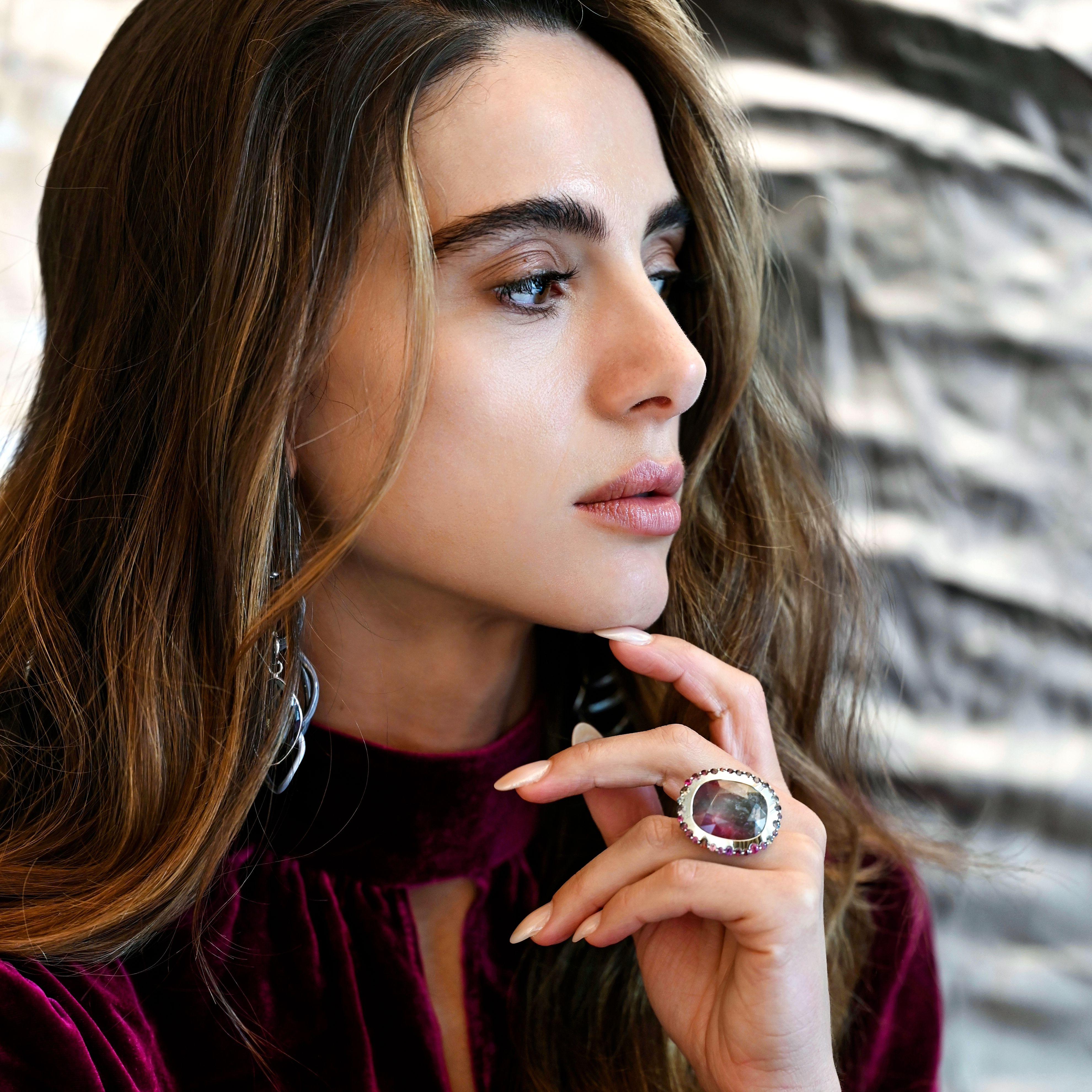 Large Multicolor Tourmaline and Sapphire Platinum Cocktail Ring For Sale 11