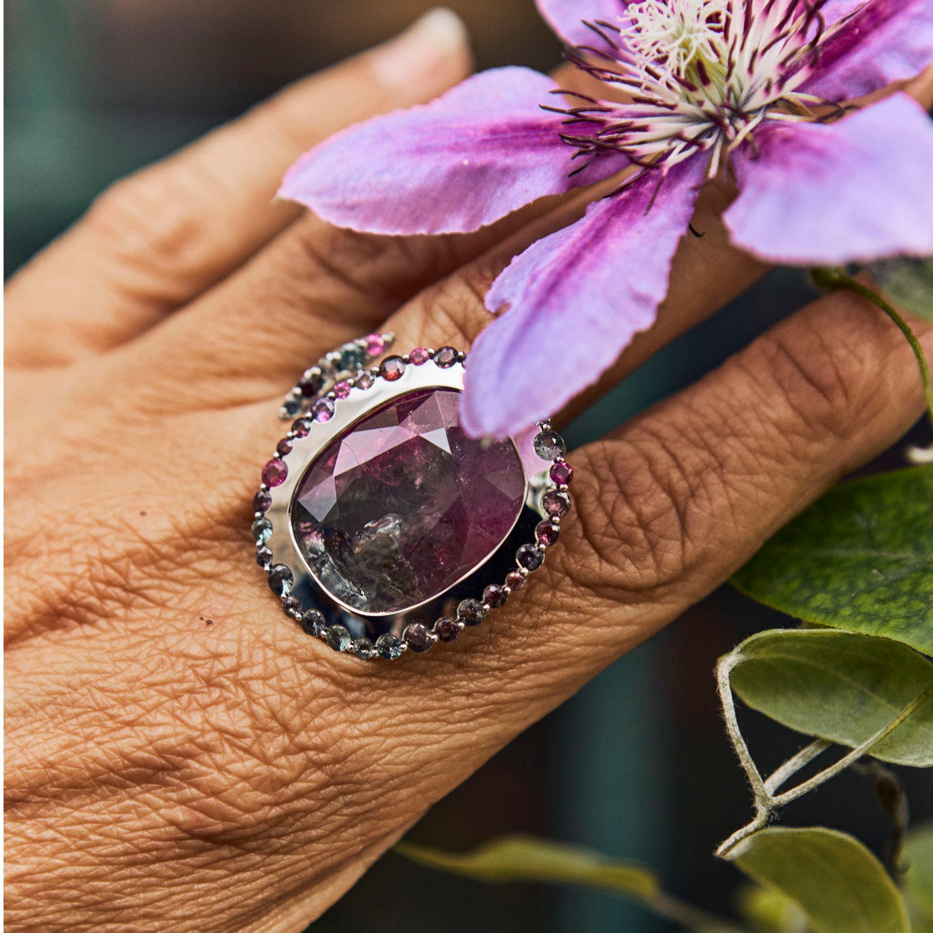 Women's Large Multicolor Tourmaline and Sapphire Platinum Cocktail Ring For Sale