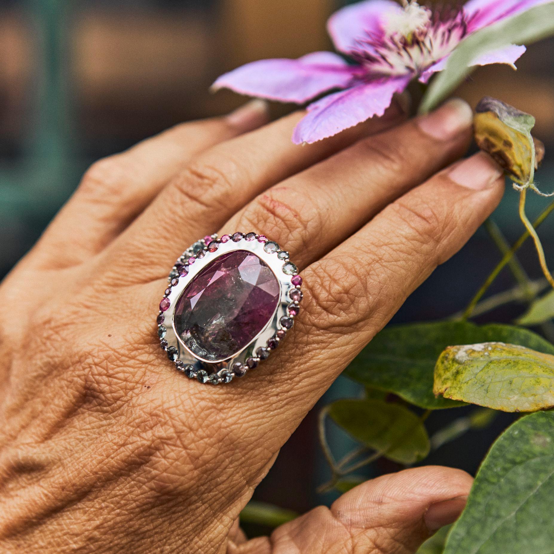 Large Multicolor Tourmaline and Sapphire Platinum Cocktail Ring For Sale 1