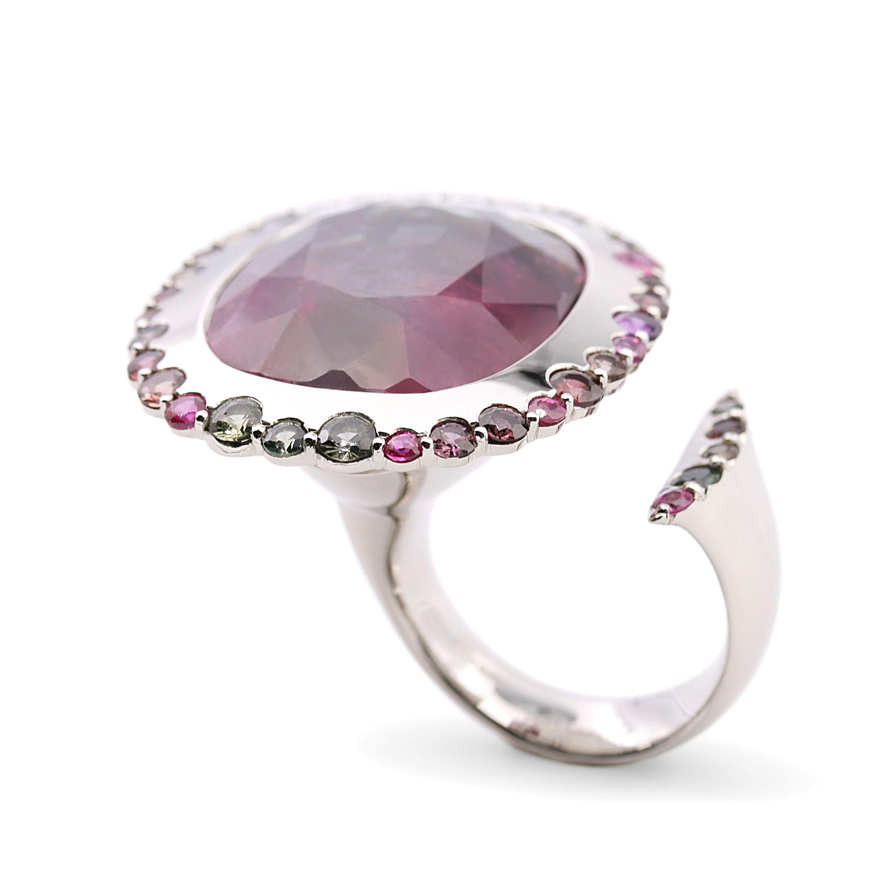 Large Multicolor Tourmaline and Sapphire Platinum Cocktail Ring For Sale 3