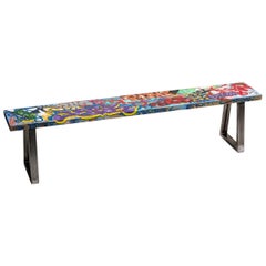 Gran Banco Urbano de Madera con Etiqueta de Graffiti de Arte Urbano Multicolor