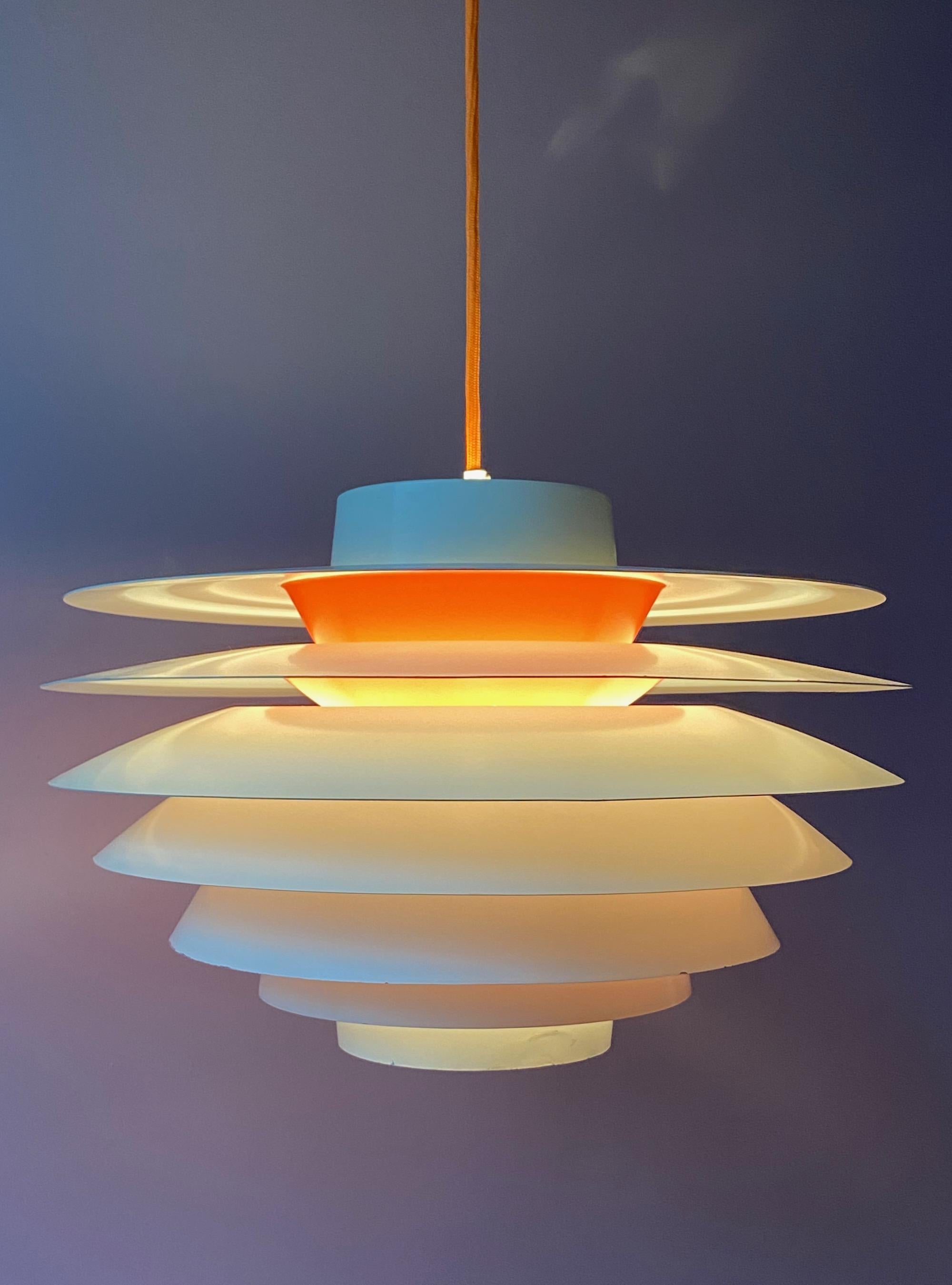 Beautiful large multicolored (white, orange, grey) vintage Sven Middelboe Verona pendant light produced by Nordisk Solar, Denmark. Good and full working condition, rewired with orange fabric cable cord and with E26/27 Edison porcelain socket. Ready