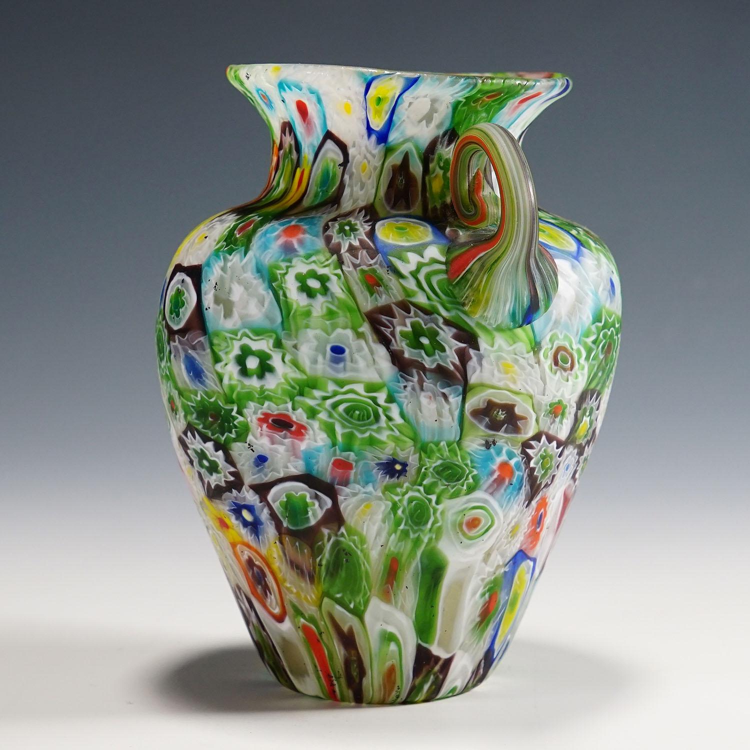 Italian Large Multicoloured Fratelli Toso Millefiori Vase with Handles, Murano, 1910