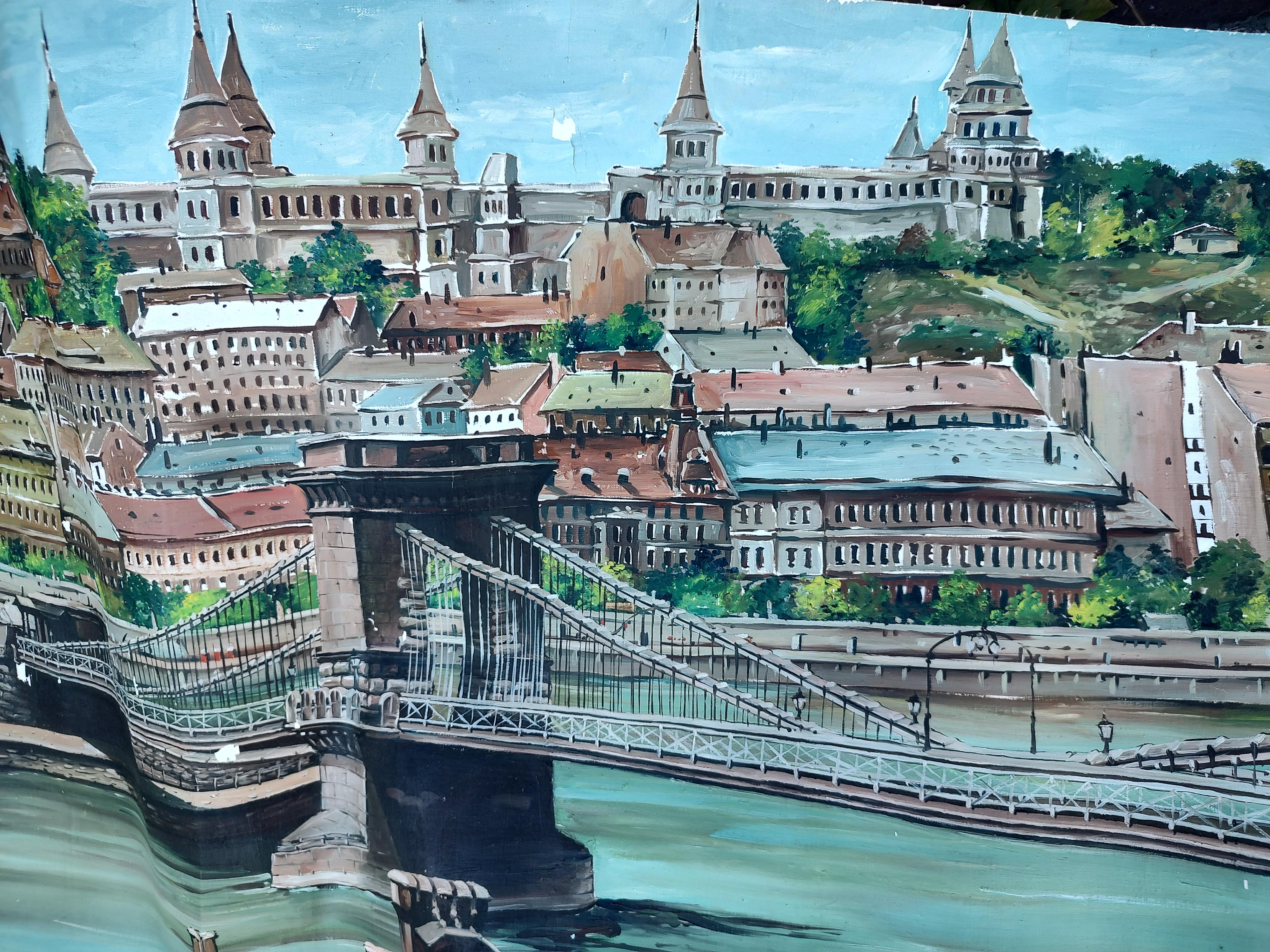 Large Mural of the Szechenyi Chain Bridge in Budapest Hungary For Sale 2