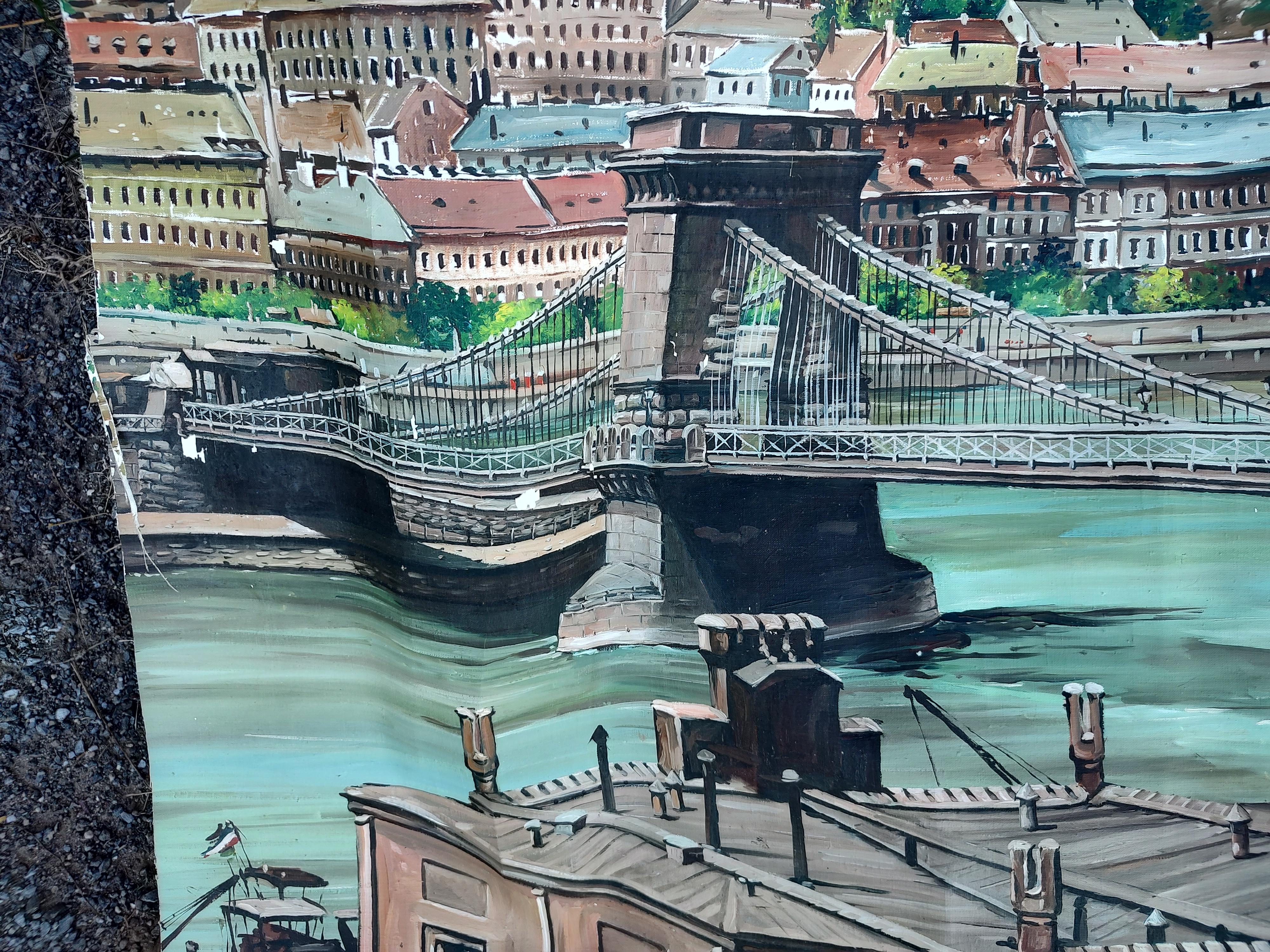 Large Mural of the Szechenyi Chain Bridge in Budapest Hungary For Sale 3