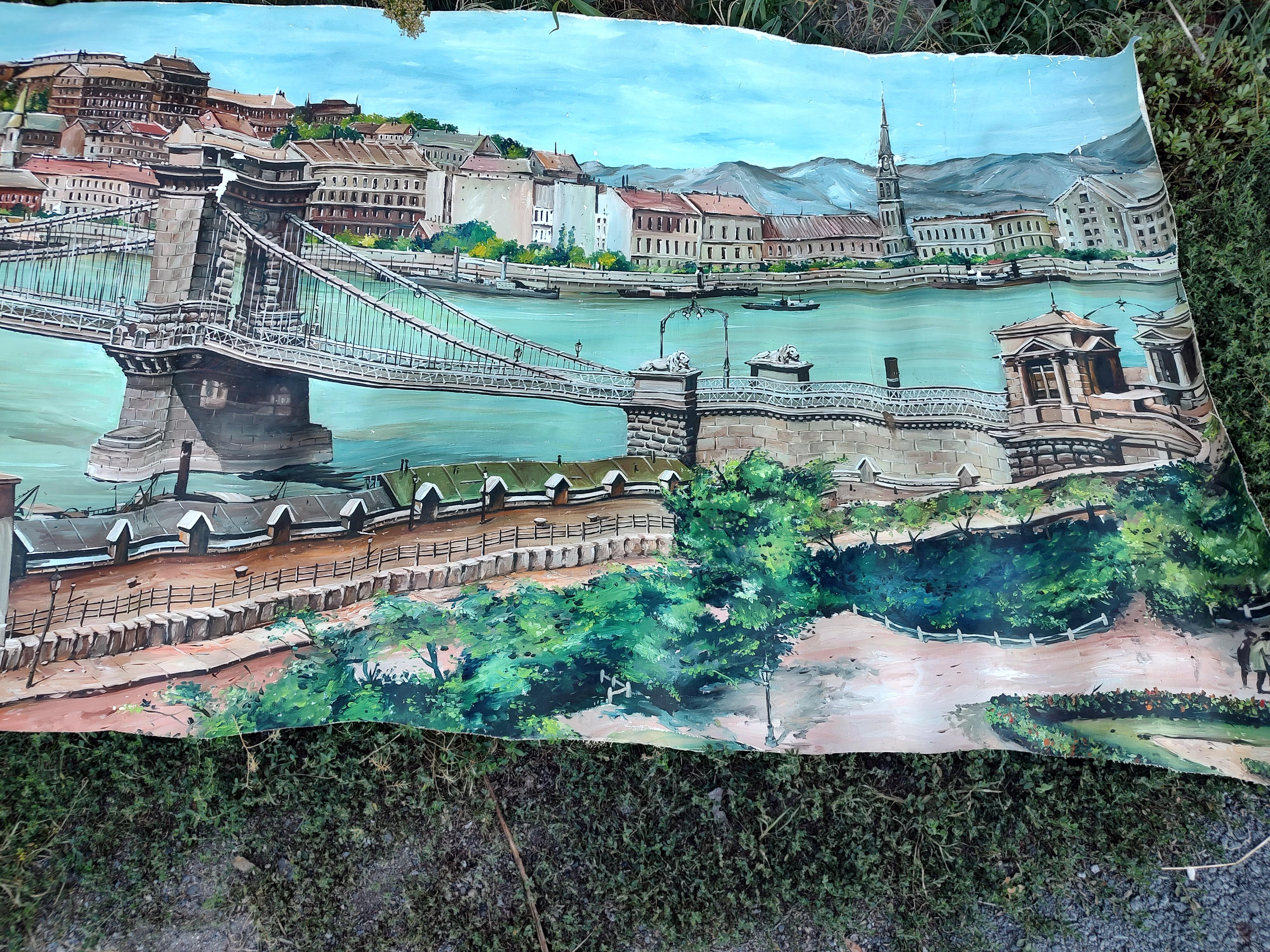 Large Mural of the Szechenyi Chain Bridge in Budapest Hungary For Sale 7