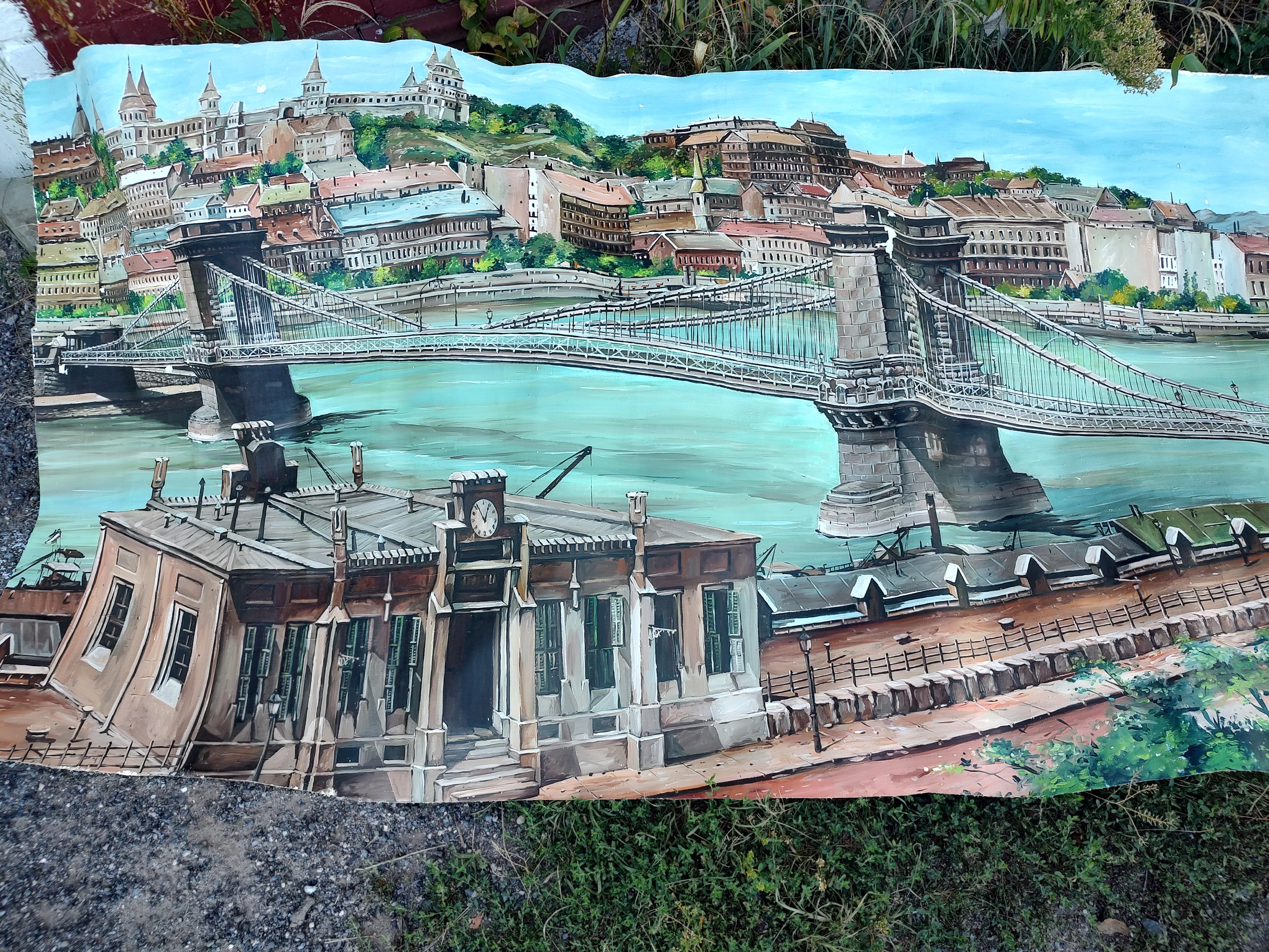 Large Mural of the Szechenyi Chain Bridge in Budapest Hungary For Sale 8