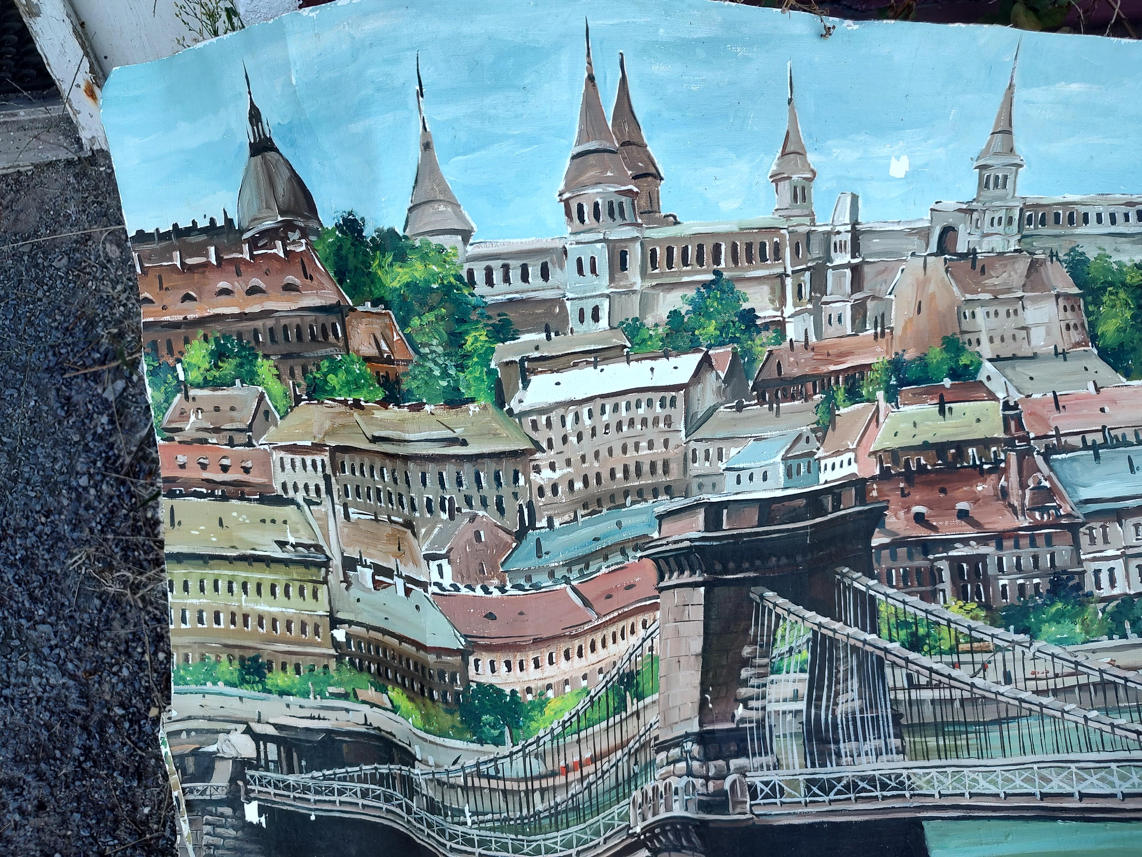 Fabulous large painting, wall mural of the Chain Bridge in Budapest Hungary. 10 feet x 4 feet with all the trimmings that surrounds the Danube River. Bridge was mostly destroyed by fleeing Germans during WW2 and it was rebuilt a few years later in