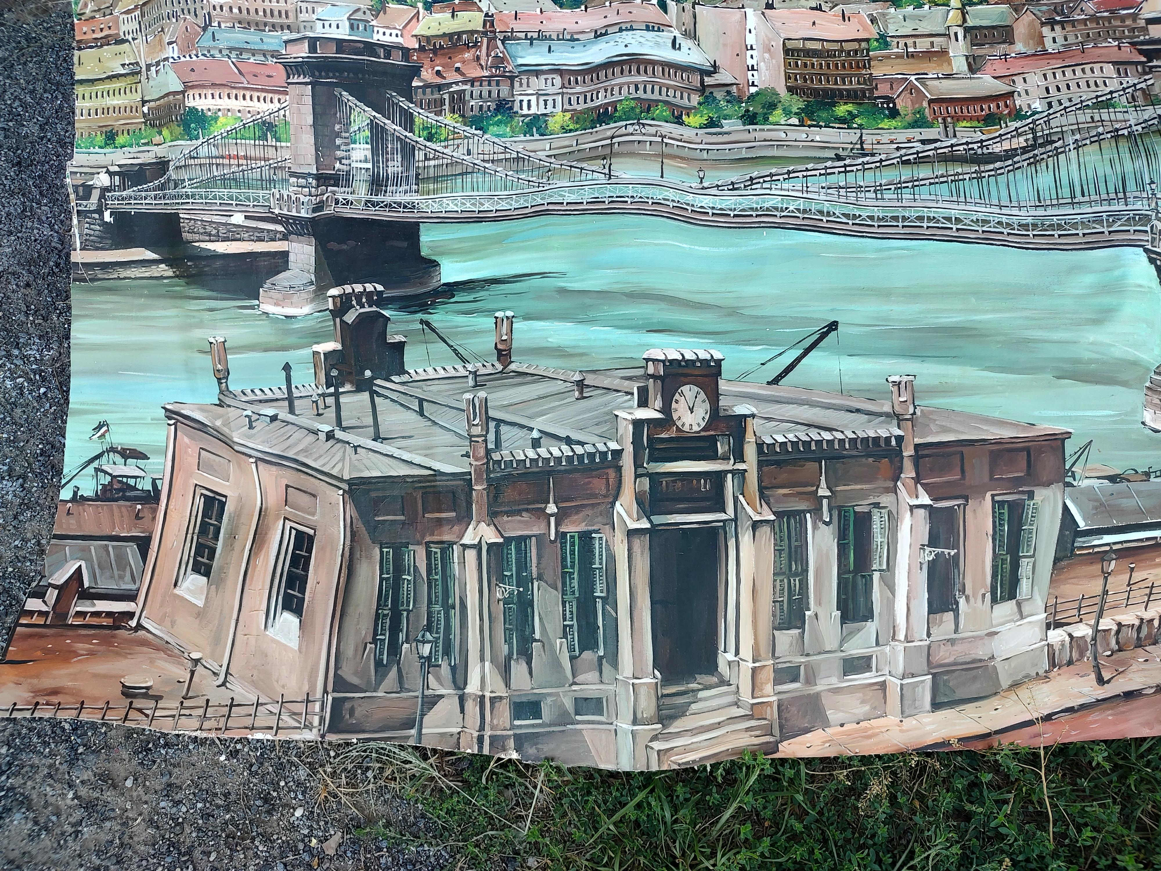 Modern Large Mural of the Szechenyi Chain Bridge in Budapest Hungary For Sale