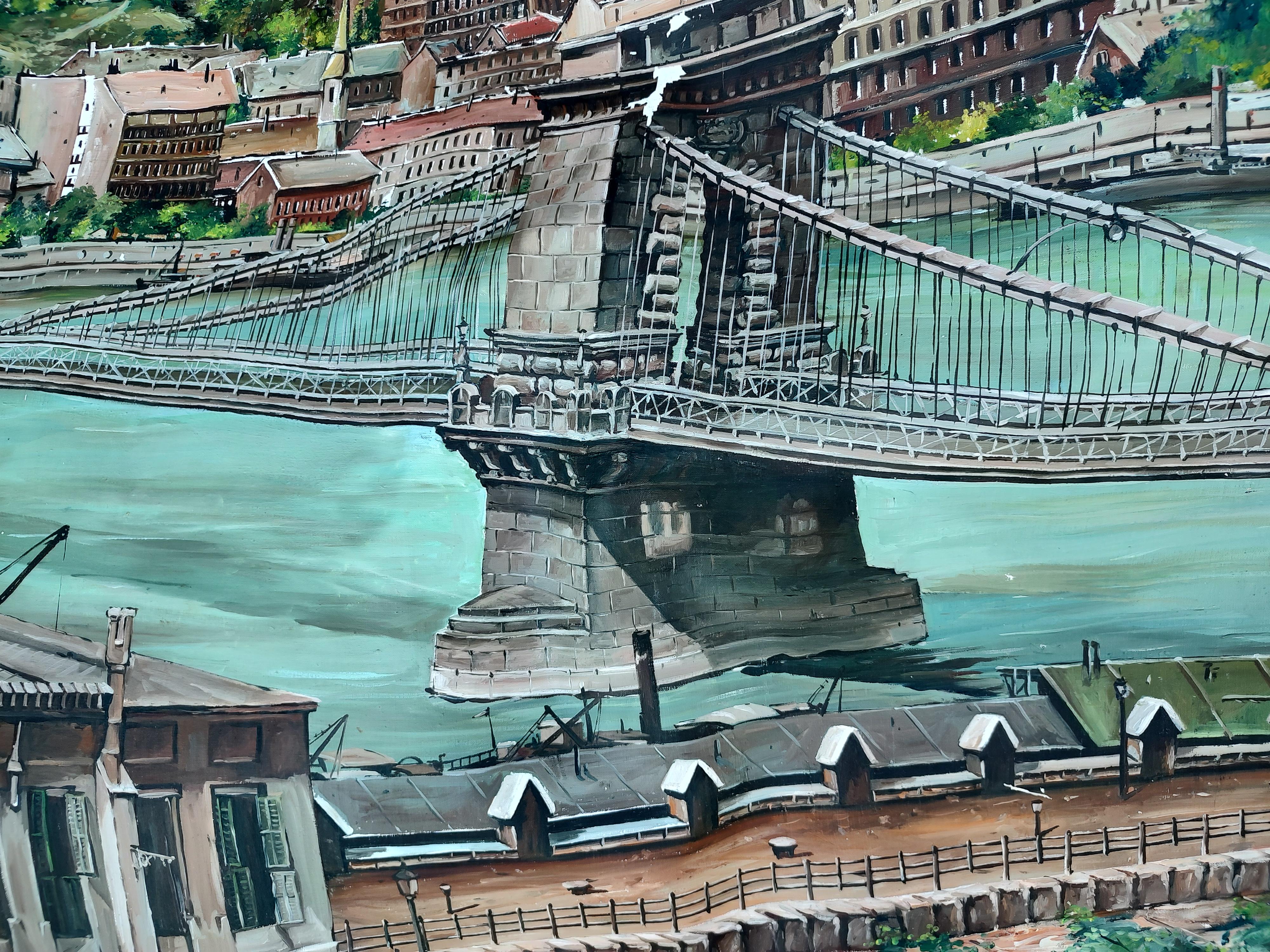 Hungarian Large Mural of the Szechenyi Chain Bridge in Budapest Hungary For Sale