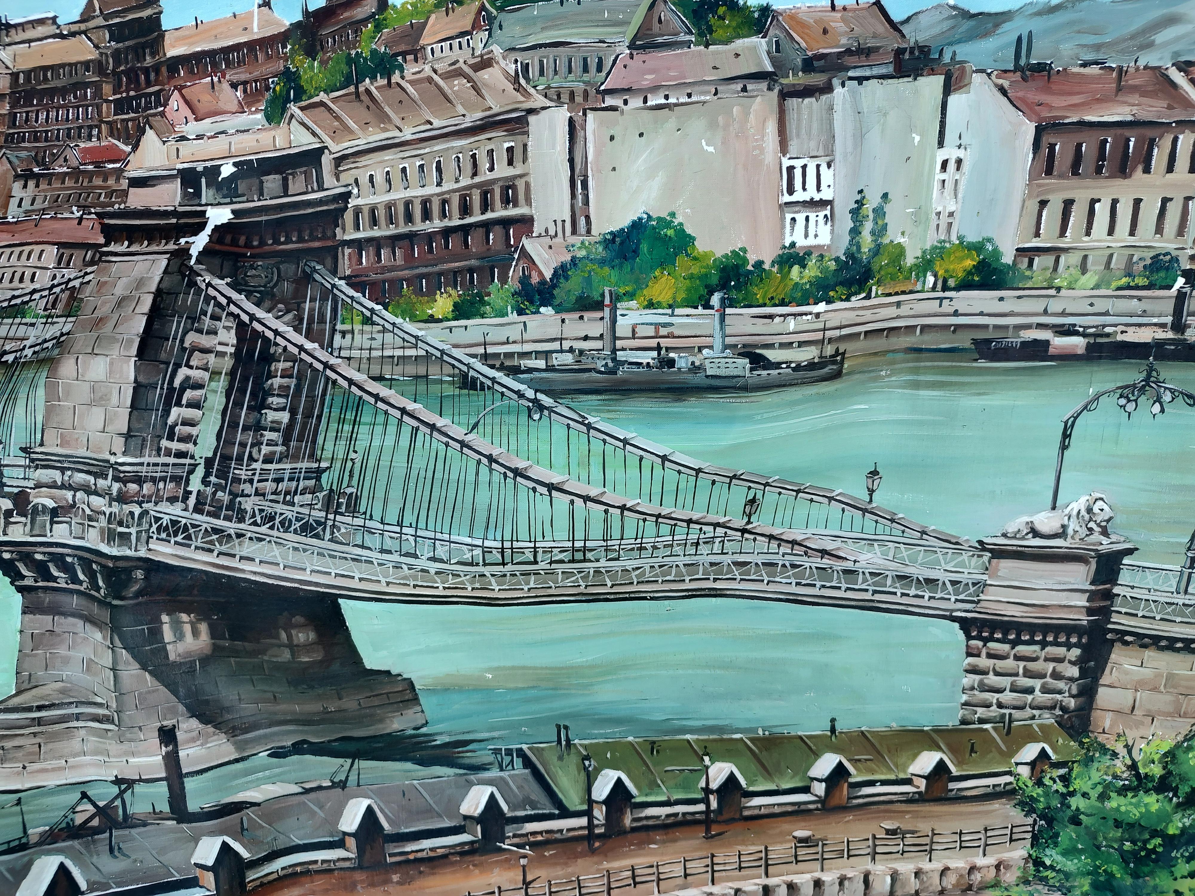 Hand-Painted Large Mural of the Szechenyi Chain Bridge in Budapest Hungary For Sale