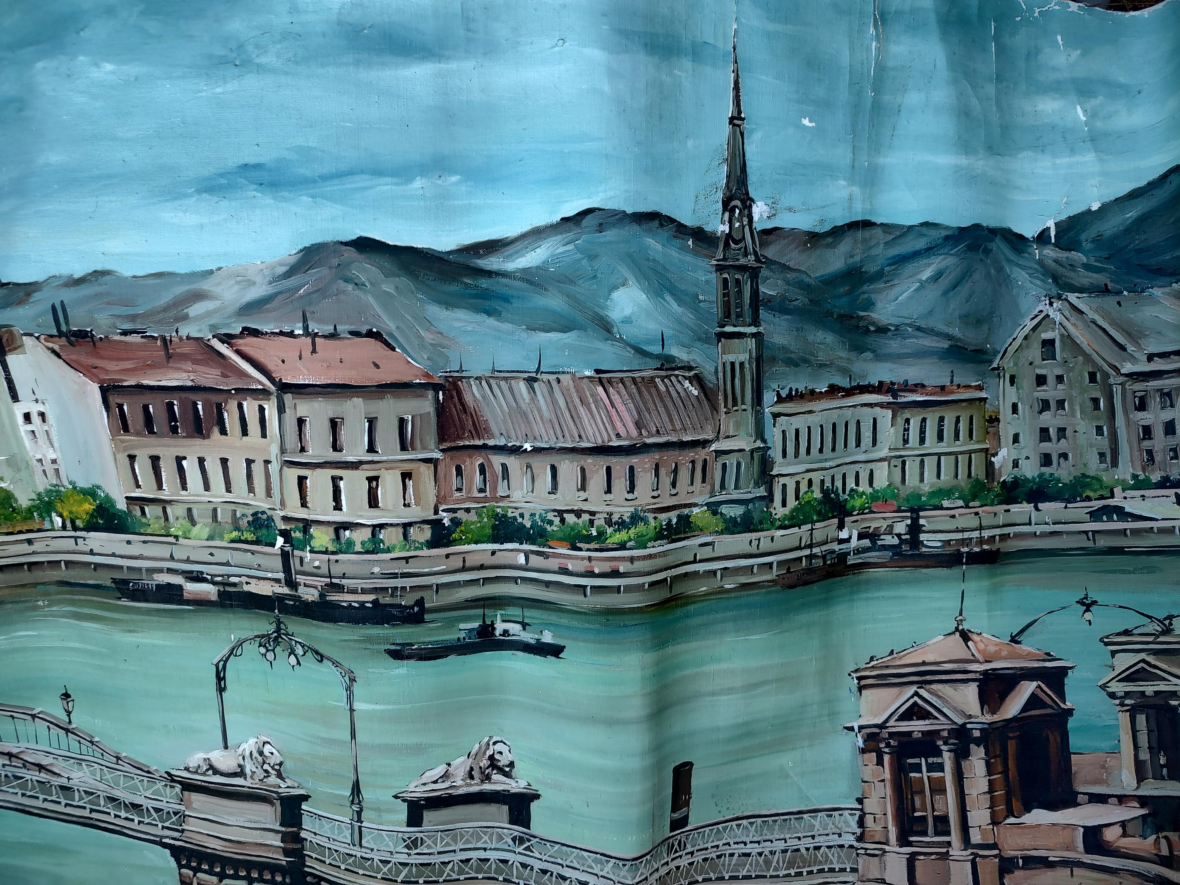 Large Mural of the Szechenyi Chain Bridge in Budapest Hungary In Good Condition For Sale In Port Jervis, NY