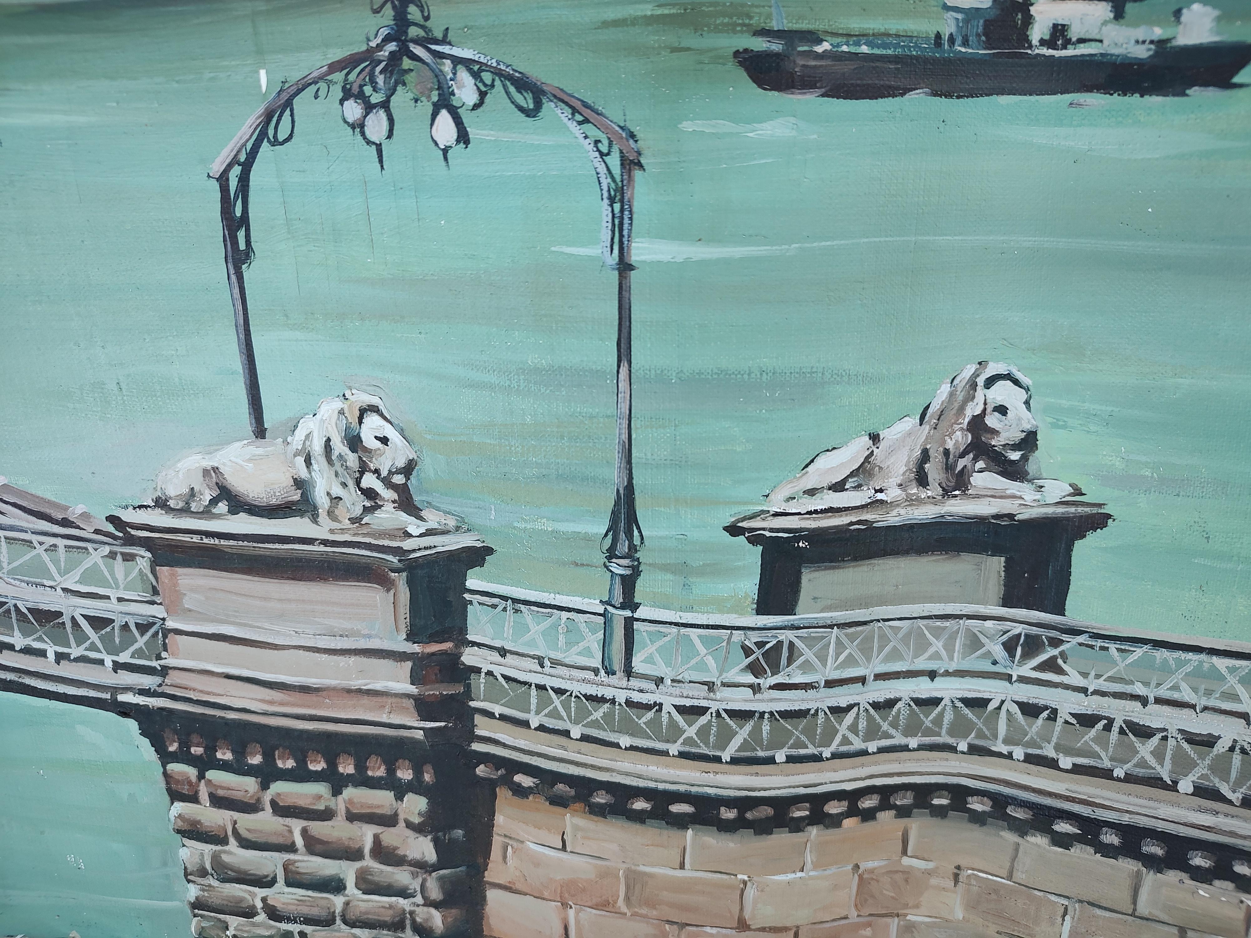 Mid-20th Century Large Mural of the Szechenyi Chain Bridge in Budapest Hungary For Sale